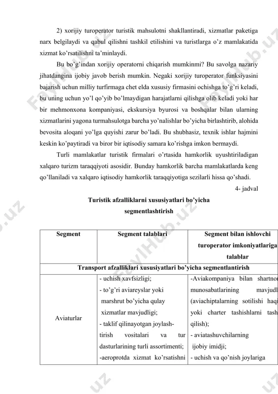 orish zaruriyati; - safarda turistlarning dam olishini tashkil qilish zaruriyati. kruizlar - qiziqarli marshrut; - turistlarning tashkillashtirilgan dam olishi, ekskursion dastur; - ovqatlanish sifati; -kayutalarning kategoriyasi va yashash sifati; - kruizga jo’natish joyi. - operatorda kema kompaniyasi bilan shartnomaning mavjudligi; - xodimlarning tashkilotchili - gi, bortda tadbirlarni tashkil qilish usuli; - jo’natish joyi va kutib olish xizmatini tashkil qilish. dam olish - dam olish uchun mehmonxonalarning keng assortimenti; - rejalashtirilgan dam olishning joyi, rekreatsion resurslar ning ta’sir qilish xususiyat - lari; - dam olishni tashkil qilish; - sifatli ovqatlanish. - hududning rekreatsion xususiyatlarini bilish; -ko’plab mehmonxonalar bilan ishchanlik va shaxsiy aloqalarning mavjudligi; - ofisda kerakli hujjatlarning mavjudligi. davolanish - rejalashtirilgan dam olish joylari, resurslarining baloneologik samarasi; -davolanish uslublari-ning ro’yxati; - sanatoriyalarning keng assortimenti va ularda yashash sharoitlari. -kurort va alohida davolanish profelini bilish; - davolash bazasi va sanatoriyalarda joylashtirish hamda oziqlantirish sifati; tanishuv turlari - qiziqarli marshrutlar; -ekskursiya dasturlarining keng …