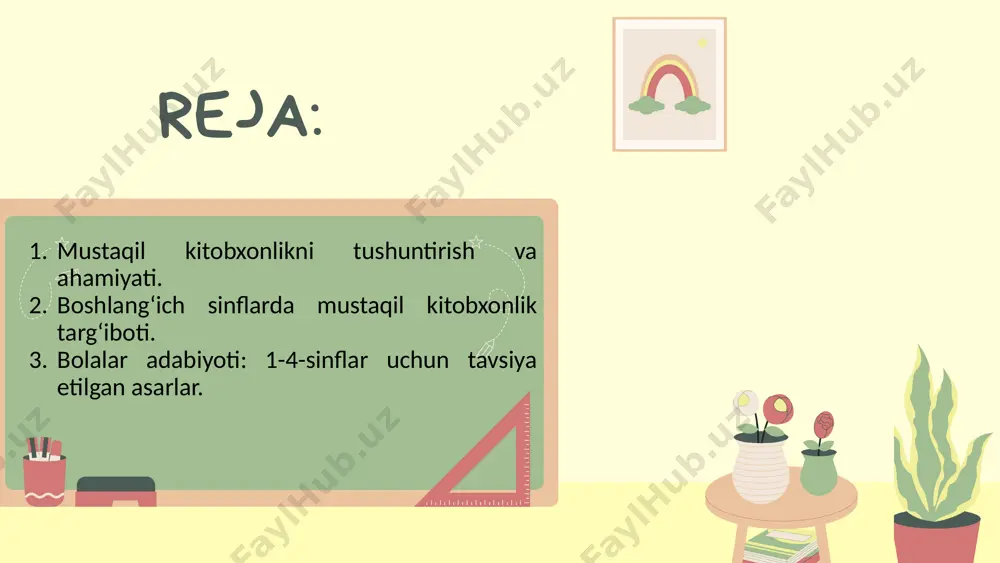 ing asarlari. shuningdek, jahon adabiyotidan jonatan svift, shuarl doyl, astrid lindgren kabi mualliflarning hikoyalarini o'z ichiga oladi. kitoblar bolalarning yoshiga moslab qiziqarli va ibratli hikoyalar, ertaklar va qisqa rivoyatlarni taqdim etadi. ushbu asarlar o'quvchilarning ijodiy tafakkurini va tasavvurini kengaytirishga hissa qo'shadi. yosh bolalarda o‘qish madaniyatini shakllantirish muhim ahamiyatga ega. tadqiqotlarga ko‘ra, o‘qishga bo‘lgan qiziqishni bolalikdan rivojlantirish, o‘qish tezligi va tushunish darajasini oshiradi. har kuni kamida 20 daqiqa vaqtni o‘qishga ajratish, o‘qish qobiliyatini sezilarli darajada yaxshilaydi. 3-5 yoshli bolalar uchun 18-25 ta rasmli kitobga ega bo‘lish, ularning qiziqishini orttiradi. ota-onalar va pedagoglar tomonidan o‘qish haftasiga kamida 3 marta ovoz chiqarib amalga oshirilishi bolalarda o'qish madaniyatini rivojlantirishga yordam beradi. shuningdek, national literacy trust ma’lumotlariga ko‘ra, oilalarda o‘qish madaniyati rivojlantirilgan bolalar o‘quv muvaffaqiyatiga 30% ko‘proq erishadi. 1-4-sinflar uchun o‘quv motivatsiyasini oshirishda quyidagi usullar samarali hisoblanadi: 1. o‘yin orqali o‘rganish: o‘quv jarayonini qiziqarli va interaktiv qilish uchun o‘yinlardan foydalanish mumkin. 2. rag‘batlantirish: yaxshi natijalar …