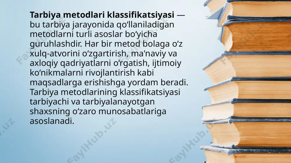 hining ichki dunyosiga, uning his-tuyg‘ulari, fikrlari va xohishlariga ta'sir qiladigan metodlar. individual va guruh metodlari: individual metodlar: tarbiyalanuvchining shaxsiy xususiyatlariga mos ravishda ishlatiladigan metodlar. masalan, shaxsiy suhbatlar, individual maslahatlar. guruh metodlari: tarbiyalanuvchilar orasida jamoaviy ishni rivojlantirishga qaratilgan metodlar. masalan, guruhdagi muhokama, o‘yinlar. amaliy va nazariy metodlar: amaliy metodlar: tarbiya jarayonida bolalar o‘z amaliy faoliyatini bajarish orqali o‘rganadilar. masalan, mehnat ta'limi, o‘yinlar, mashqlar. nazariy metodlar: bu metodlar ko‘proq ma'lumotlarni o‘rganish va bolalarni nazariy tushunchalar bilan tanishtirishga qaratilgan. masalan, dars o‘qish, kitob o‘qish. tarbiya metodlarining klassifikatsiyasi — bu metodlarni turli mezonlar bo‘yicha tasniflash jarayonidir. har bir metod turli maqsadlar va vazifalarni bajarishga xizmat qiladi va ular bolaning rivojlanishiga ijobiy ta'sir ko‘rsatishga qaratilgan. tarbiyachining bolaning yoshiga, xulq-atvoriga, ijtimoiy muhitga qarab metodlarni to‘g‘ri tanlashi juda muhimdir. bu metodlar bolalarda axloqiy, ma'naviy, jismoniy va ijtimoiy ko‘nikmalarni shakllantirishga yordam beradi. tarbiya metodlarini klassifikatsiyalashning muammolari — bu tarbiya metodlarini aniq va samarali tasniflashdagi qiyinchiliklar, turli usullarni guruhlash …