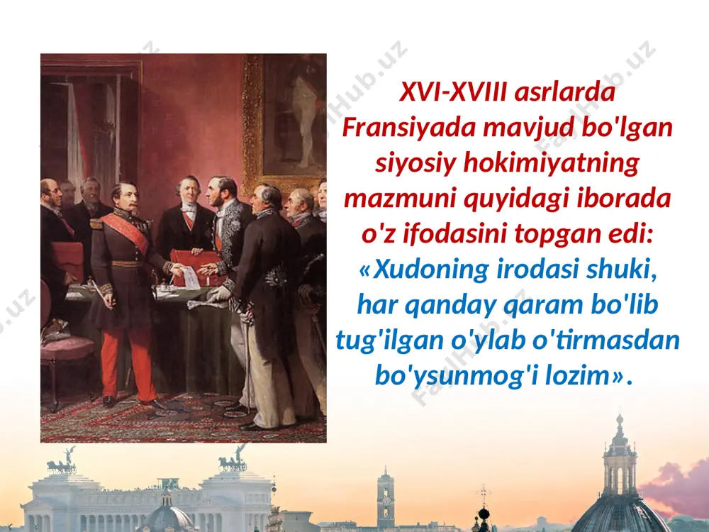 ga qaror qildi. karl ix urushning davom etishi. «varfolomey kechasi» mamlakatdagi diniy urushga chek qo'ymadi. urushning davom etishi muqarrar edi. chunki gugenotlar taqdirga tan bermadilar. gugenotlar yaxshi qurollangan qo'shin tuzishdi. katoliklar fitna tayyorlay boshladilar. unga ko'ra, yangi qirol genrix iii olib qochilar va majburan monax qilinardi. taxtni esa genrix giz egallashi lozim edi. biroq qirol genrix iii fanat genrix gizni o'ldirtirishga muvaffaq bo'ldi. genrix iii 1589- yilda genrix iii katoliklar tomonidan o'ldirilgach, qirol xonadonining qarindoshlari gugenotlar rahbari genrix burbon (genrix navarrskiy) genrix iv nomi bilan taxtni egalladi. genrix iv genrix iv o'zining kuchi, qobiliyati va ta'siridan har ikki cherkov qavmlarini murosaga erishtirish yo'lida foydalandi. diniy urushlarni to'xtatish va mamlakat yaxlitligiga erishish uchun 1598- yilda nant ediktini imzoladi. savol va topshiriqlar 1. fransiyada mutlaq monarxiya qay tariqa qaror topdi? 2. fransiyada reformatsiya qay tariqa tarqaldi? 3. fransiyada nega diniy urush yuz berdi? 4. katoliklar bilan protestantlar (gugenotlar) o'rtasidagi urush qanday natija …