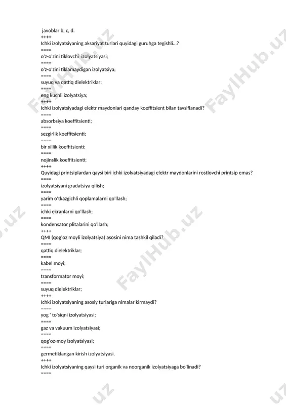 mpulslarning paydo bo'lishi; ==== qisman razryadlarning paydo bo'lishi; ==== b va c bandlari. ++++ izolyatsiyaning termal qarishi qanday haroratda sodir bo'ladi? ==== 40 – 50 ºs; ==== 60-80 ºs; ==== 60-130 ºs; ==== 140-160 ºs; ++++ o'ta kuchlanish nima? ==== elektr tizimi elementlarining izolyatsiyasidagi eng katta ish kuchlanishining amplitudasidan yuqori bo'lgan har qanday kuchlanish; ==== elektr tizimi elementlarining izolyatsiyasidagi eng kichik ish kuchlanishining amplitudasidan yuqori bo'lgan har qanday kuchlanish; ==== elektr tizimi elementlarining izolyatsiyasida teshish kuchlanish amplitudasidan yuqori bo'lgan har qanday kuchlanish; ==== elektr tizimining elementlarini izolyatsiyalashda o'rtacha ish kuchlanishining amplitudasidan yuqori bo'lgan har qanday kuchlanish; ++++ ichki o'ta kuchlanish qanday turlarga bo'linadi? ==== momaqaldiroq va kommutatsiya; ==== kommutatsiya va rezonans; ==== momaqaldiroq va rezonans; ==== razryadli va sinov; ++++ tashqi o'ta kuchlanishlarga qanday o'ta kuchlanishlar kiradi? ==== rezonansli; ==== momaqaldiroq; ==== kommutatsiya; ==== fazali; ++++ o'tkinchi jarayonlar qanday o'ta kuchlanishlarga olib keladi? ==== fazali; ==== fazalararo; ==== momaqaldiroq; ==== …