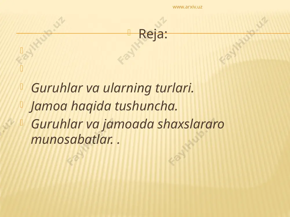 loqalar mavjudligidan kelib chiqib, milliy psixologiya masalalari kun tartibida avvalgidan ham muhim masala sifatida qo`yilmoqda. katta guruhlar ichida milliy guruhlarga ko`proq e`tibor berishni lozim, bunday etiborning yana bir boisi - o`zbekistonda bu sohada ayrim tadqiqotlarning o`tkazilganligi, lekin ular ko`p hollarda milliy psixologiya darajasiga olib chiqilmaganligidadir. www.arxiv.uz kichik guruh - nisbatan barqaror, tarkibi jihatidan a`zosi unchalik ko`p bo`lmagan, umumiy maqsad bilan bog`langan kishilarning birlashmasi. bunda kichik guruh a`zolari o`rtasida bevosita aloqalar o`rnatiladi va amalga oshiriladi. bu guruhda, umumiy maqsad mavjud bo`lib, uning a`zolari bu maqsadga erishish yo`lida o`zlarining barcha kuchlarini safarbar etadilar. kichik guruhga kiruvchi kishilar bir-birlarini shaxsan biladilar va guruh oldida turgan vazifalarni hal qilish uchun bir-birlari bilan muloqotda bo`ladilar. www.arxiv.uz tashkil etilmagan guruhlar: assosasiyalar tashqaridan tashkil etilgan guruhar diffuz guruhlar ishlab chiqarish tashkilotlar o’quv kasaba uyushma tashkilotlari harbiy qism turli jamiyatlar ichkaridan tashkil etilgan guruhlar korporatsiya jamoa www.arxiv.uz odamlar ijtimoiy birlashmasi rivojlanishining yuqori shakli jamoadir faoliyatining umumiy maqsadga erishish …