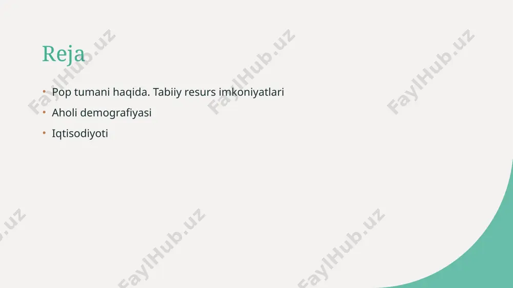 loslanish va tuproq eroziyasi, resurslarni uzoq muddatli saqlash va barqaror rivojlanishni ta'minlash uchun hal qilinishi lozim. 3 rivojlanish istiqbollari - innovatsiyalar va ekologik toza texnologiyalar yordamida pop tumanida resurslarni to‘g‘ri boshqarish va iqtisodiy rivojlanishni barqaror qilish mumkin. pop tumani resurslarining iqtisodiy va strategik ahamiyati. 1 mahalliy resurslar pop tumanining tabiiy boyliklari, ayniqsa qishloq xo‘jaligi va mineral resurslari, iqtisodiy rivojlanish uchun muhim asos bo‘lib xizmat qiladi. 2 strategik joylashuv hududning geografik joylashuvi transport va savdo yo‘llariga yaqinligi, strategik ahamiyatini oshiradi va iqtisodiy hamkorlik imkoniyatlarini kengaytiradi. 3 texnologik imkoniyatlar zamonaviy texnologiyalar resurslarni samarali boshqarish va qayta ishlashda muhim, bu esa iqtisodiy o‘sishni va ekologik muammolarni hal qilishga yordam beradi. 4 resurslarning strategik roli resurslar milliy xavfsizlikni ta’minlashda, investitsiyalarni jalb qilishda va iqtisodiy diversifikatsiya uchun strategik ahamiyatga ega. pop tumani aholining yosh tarkibi va uning iqtisodiy ta'siri 1 yoshlarning yoshdagi taqsimoti pop tumanida yoshlarning ulushi yuqori bo‘lib, bu iqtisodiyot uchun yangi ishchi kuchi …
