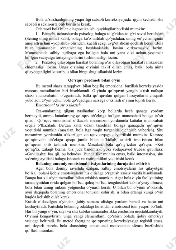 olaydi. bolaning «nimaga men bilan gaplashmaysiz, nimaga mening ko‘zimga qaramaysiz» kabi savollari ular bilan munosabat o‘rnatishga to‘sqinlik qiladi. odamovilik uyatchanlikdan sifat darajasi bilan farq qilganidek autizmdan ham farqlanadi. uyatchanlik ijtimoiy muloqotga kirishishning yaxshi shakllanmaganligi natijasi. shu sababli uning korreksiyasi bola ta’limiga muloqot malakasini qo‘shish, o‘zgalar harakatini tahlil qilish va o‘zlashtirishni eplay olish xolos. odamovilik uchun bunga o‘xshash harakat korreksion ishning yakuniy bosqichi xolos. ba’zida ijtimoiy kompesetornistlikning oshishi parallel holatda korreksiyaning boshqa turini o‘tkazishni talab qiladi (tugallovchi bosqichda lekin bu hech qachon asosiy korreksion harakatdan ilgarilab ketmasligi kerak. odomovi bola bilan korreksion ish odamovi bola bilan korreksion ishning mohiyati bolani atrofdagilar bilan emotsional munosabat o‘rnatishiga yordam berishdan iborat. buning uchun ota-onalarning bittasi bola bilan emotsional aloqa o‘rnatishda odamovi bola bittagina oynasi ochiq qolgan xonaga o‘xshaydi (masalan, ota-onalarning bittasi bilan munosabat). korreksiyada bu imkoniyatdan foydalanishi kerek, ammo unitmaslik kerakki, agar u ijtimoiy samara bermasa ham munosabat o‘rnatishning oxirgi yo‘li yopilishiga yo‘l qo‘ymaslik …