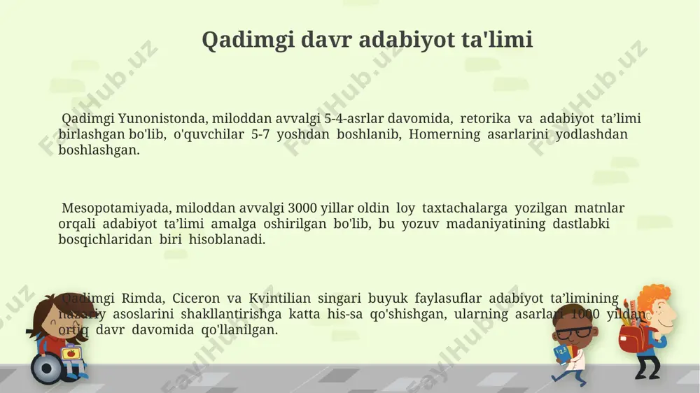 a, masalan, strukturalizm va poststrukturalizm, uzbekiston maktablarida adabiyot ta'limining yangi metodlari izlanishi boshlandi, bu esa 50 dan ortiq ilmiy tadqiqotlar bilan belgilanadi. 19-asr oxiri va 20-asr boshlarida rossiya imperiyasi hududida, jumladan, turkistonda adabiyot ta'limi asosan grammatika va adabiy tahlilga asoslangan bo'lib, 20-asrning 20-yillaridan boshlab yangi pedagogik g'oyalar ta'siri kuchaygan. kelajakdagi istiqbollar va yangi yondashuvlar adabiyotshunoslikning yangi yondashuvi sifatida 5 ta asosiy madaniy kompetensiya (tanqidiy fikrlash, muloqot, hamkorlik, ijodkorlik, fuqarolik javobgarligi)ni rivojlantirishga qaratilgan global yondashuvlar paydo bo’lmoqda. o’zbekiston kabi rivojlanayotgan davlatlarda, 21-asr ko’nikmalarini shakllantirish uchun, adabiyot darslariga 3d modellashtirish, virtual sayohatlar va sun’iy intellekt texnologiyalaridan foydalanish istiqbollari kengaymoqda. xxi asrda, xususan 2020-yildan keyin, dunyoning rivojlangan mamlakatlari, masalan, finlyandiya va janubiy koreya ta’lim tizimlarida adabiyotni o’qitishda o’yinlashtirish va interfaol texnologiyalarni qo’llash kuchaygan. e'tiboringiz uchun rahmat @taqdimot_robot image1.png