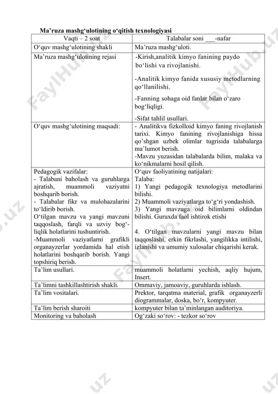 shg‘ulotining o‘qitish texnologiyasi vaqti – 2 soat talabalar soni ___-nafar o‘quv mashg‘ulotining shakli ma’ruza mashg‘uloti. ma’ruza mashg‘ulotining rejasi -kirish,analitik kimyo fanining paydo boʻlishi va rivojlanishi. -analitik kimyo fanida xususiy metodlarning qoʻllanilishi. -fanning sohaga oid fanlar bilan o‘zaro bogʻliqligi. -sifat tahlil usullari. o‘quv mashg‘ulotining maqsadi: - analitikva fizkolloid kimyo faning rivojlanish tarixi. kimyo fanining rivojlanishiga hissa qo’shgan uzbek olimlar tugrisida talabalarga ma’lumot berish. -mavzu yuzasidan talabalarda bilim, malaka va ko‘nikmalarni hosil qilish. pedagogik vazifalar: - talabani baholash va guruhlarga ajratish, muammoli vaziyatni boshqarib borish. - talabalar fikr va mulohazalarini to‘ldirib borish. o‘tilgan mavzu va yangi mavzuni taqqoslash, farqli va uzviy bog‘-liqlik holatlarini tushuntirish. -muammoli vaziyatlarni grafikli organayzerlar yordamida hal etish holatlarini boshqarib borish. yangi topshiriq berish. o‘quv faoliyatining natijalari: talaba: 1) yangi pedagogik texnologiya metodlarini bilishi. 2) muammoli vaziyatlarga to‘g‘ri yondashish. 3) yangi mavzuga oid bilimlarni oldindan bilishi. guruxda faol ishtirok etishi 4. o‘tilgan mavzularni yangi mavzu bilan taqqoslashi, erkin fikrlashi, …