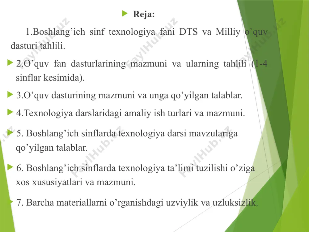 ibori qaratildi. maktabda politexnik ta`lim va texnologiya tarbiyasini rivojlantirishni zarurligi ko’rsatildi. 1954 yilda texnologiya ta`limini o’rta maktab o’quv rejasiga o’sib kelayotgan yosh avlodni kamol toptirish vositalaridan biri sifatida kiritildi. o’rta osiyoda yoshlarga texnologiya ta`limi berishning yo’lga qo’yilishi. sharq mutafakkirlarining pedagogik g’oyalar uzoq o’tmishga borib taqaladi. o’rta osiyodan o’tgan qadimiy buyuk ipak yo’li xitoy, vizantiya, hindiston shaharlari bilan bog’lanib, madaniyat va sanoatni rivojlantirishga, ilmga bo’lgan qiziqishga alohida e`tibor berishni taqozo etadi. texnologiya ta’limi o‘qituvchisi o‘zining kundalik faoliyatida bu dasturga amal qiladi va uning bajarilishi majburiy hisoblanadi. shu bilan bir qatorda o‘qituvchi o‘quv dasturiga mahalliy sharoitni hisobga olib ma’lum o‘zgarishlar kiritishi mumkin. bu borada bir qancha talablar hisobga olinishi lozim. dasturning mazmuni pedagogikaning didaktik printsiplarga to‘la-to‘kis javob berishi, ilmiy va mafkuraviy jihatdan puxta bo‘lishi, murakkabligi ortib borishi hisobga olingan holda va texnologiya ta’limining tanlangan didaktik tizimiga muvofiq ravishda, muayyan izchillikda bayon qilinishi, turmush tajribasi bilan bog‘langan bo‘lishi kerak. mehnat malaka va ko‘nikmalari …