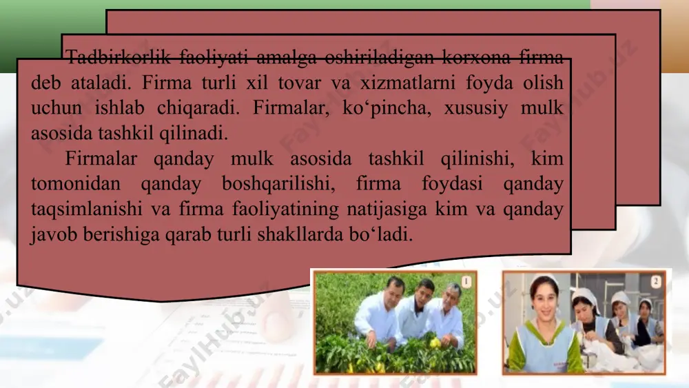 idagi sherikchilik firmasidir. agar ta’sischilar ko‘rilgan zararni faqat firmani tashkil qilishda qo‘shgan hissalari hajmidagina qoplasalar, bunday firma – mas’uliyati cheklangan jamiyat deb ataladi. “ltd” qo‘shimchasi, inglizcha “limited” (cheklangan) so‘zining qisqartmasi bo‘lib, odatda, mas’uliyati cheklangan jamiyat nomiga qo‘shib yuritiladi. mas’uliyati cheklanmagan jamiyatning ta’sischilari esa ko‘rilgan zararni to‘la hajmda birgalashib qoplashadi. hatto zarurat tug‘ilganida, o‘z shaxsiy mulklarini sotib bo‘lsa-da, firma zararini qoplaydilar sherikchilik firmasi – ikki va undan ortiq shaxslarning (odam yoki korxonalarning) mablag‘lari asosida tashkil qilingan va ma’lum kelishuv shartlari asosida egalik qilinadigan, boshqariladigan va faoliyat natijasiga javob beriladigan firma. firmaning nizom jamg‘armasi — firma faoliyatini yuritish uchun uning tashkilotchilari tomonidan qo‘shiladigan hissa — mol-mulk va mablag‘. tadbirkorlik faoliyati bilan firma ochmasdan turib ham shug‘ullanish mumkin. buning uchun “yakka tartibdagi xususiy tadbirkor” degan maqomni olish va belgilangan tartibda soliqlarni to‘lab turish kifoya. mamlakat iqtisodiyotida boshqa turdagi firmalar ham bo‘lishi mumkin. iqtisodiy shart-sharoitlardan kelib chiqib firma turlari takomillashib, iqtisodiyotga moslashib boradi. o‘zbekiston …