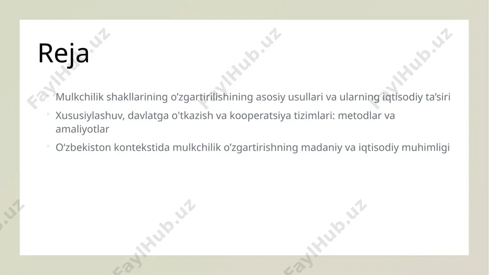 o’ynaydi. 2 madaniy o’zgarishlar mulkchilik shakllarining o’zgarishi mamlakatning madaniy qadriyatlari va ijtimoiy muhitga moslashishni kuchaytiradi, yosh avlod uchun yangi imkoniyatlar yaratadi. 3 iqtisodiy imkoniyatlar mulkchilik o’zgartirish jarayonlari investitsiyalarni jalb qilish, ishlab chiqarish samaradorligini oshirish va raqobatbardosh iqtisodiyot yaratishda muhim ahamiyatga ega. xususiylashuv jarayonining metodlari va iqtisodiy ta’siri mulkchilik o’zgarish metodlari moliyaviy mexanizmlar iqtisodiy ta’sir xususiylashuv jarayonida turli metodlar qo’llaniladi, jumladan, tenderlar, aktsiyalarni bo’lish, va aktivlar sotib olish orqali davlatdan xususiy sektorga o’tish amalga oshiriladi. bu jarayon iqtisodiy rivojlanishni tezlashtiradi va xususiy sektorning rolini oshiradi. xususiylashuvda moliyaviy mexanizmlar muhim ahamiyatga ega bo’lib, davlat aktivlarini sotish, yirik kreditlar va investitsiyalar orqali xususiy sektorni rivojlantirish uchun asos yaratadi. bu usullar iqtisodiy samaradorlikni oshiradi va investitsiya muhitini yaxshilaydi. xususiylashuv jarayoni iqtisodiyotda raqobatni kuchaytiradi, mahsuldorlikni oshiradi va davlat byudjetiga soliq tushumlarini ko’paytiradi. bu esa iqtisodiy o’sishni rag’batlantiradi va aholi farovonligini oshiradi. davlatga o'tkazish usullari va ularning amaliyoti 1 davlatga o'tkazish usullari davlatga o'tkazish usullari iqtisodiy …
