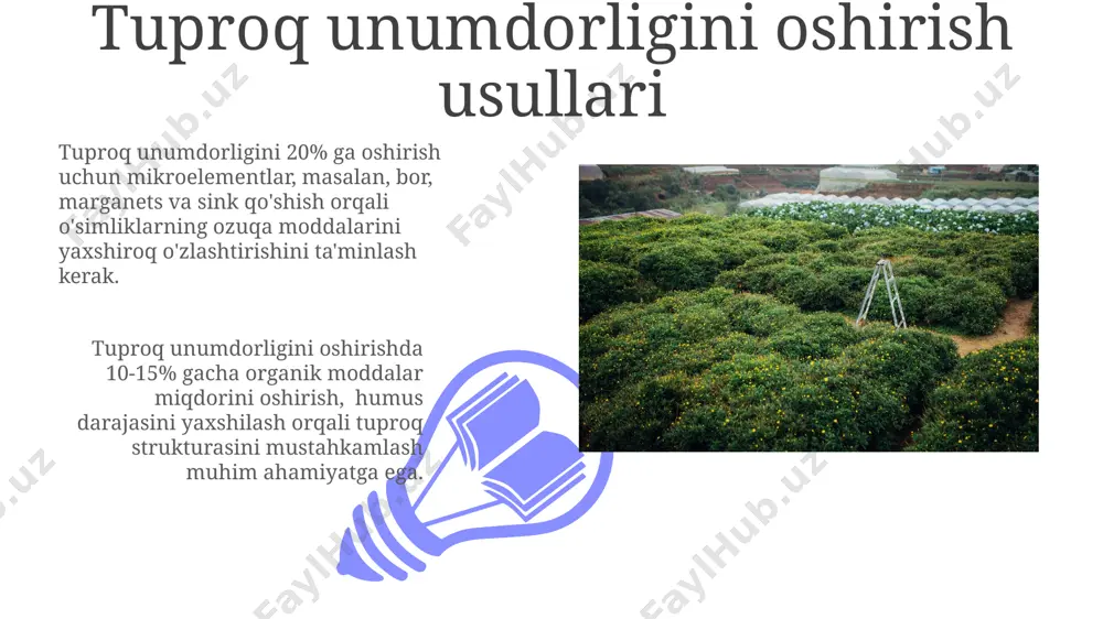 foydali hasharotlarni jalb qilish yoki bacillus thuringiensis kabi biopestitsidlarni qo'llash kimyoviy preparatlarga nisbatan ekologik jihatdan toza alternativ hisoblanadi. suv resurslaridan samarali foydalanish сув ресурсларидан самарали фойдаланиш учун томчилатиб суғориш технологиясини қўллаш 30% гача сув тежовчиликка ва ҳосилдорликнинг 15% га ошишига олиб келиши мумкин. замонавий сув тежовчи технологиялар, масалан, намлик сенсорлари ва автоматлаштирилган суғориш тизимлари, сув сарфини 20-25% га камайтиради ва сув ресурсларидан оқилона фойдаланишни таъминлайди. kelajakdagi istiqbollar 01 02 aqlli qishloq xo'jaligi texnologiyalari, jumladan, aniq sug'orish va o'g'itlash tizimlari, soya yetishtirish samaradorligini 20-25% ga oshirishi mumkin. sales 1st qtr 2nd qtr 100 0 sales 1st qtr 2nd qtr 100 0 marketing va sotish экспортга йўналтирилган соянинг сифатига қўйиладиган талабларни бажариш учун 1000 тоннадан ортиқ маҳсулот сертификатлаштиришдан ўтказилади ва бу нархни 20% га оширади. дуккаларда сотиладиган соя маҳсулотининг 30%ини фермерларнинг ўзлари тўғридан-тўғри сотиши орқали олинган фойда қоплайди, бу эса уларнинг даромадини 15% га оширади. soyaning navlari va tanlovi zararkunandalarga va kasalliklarga …