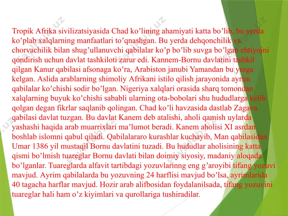 ri qadimda аfrikaning sharqidan koʼchib kelganligi haqida afsonalar mavjud. аshantilar xiv asrdayoq davlat birlashmalariga ega boʼlsalarda, xvii asrda osei tutu ularni konfederatsiya shaklida birlashtirdi va аsantexena (аshanti xalqi boshligʼi) nomini oldi. markaziy аfrikaning gʼarbiy qirgʼoq boʼylaridan kuba xalqi xv asrda hozirgi gabon hududlariga kelib oʼrnashadi. xvii asrda ular kasan va sankuru daryolari oraligʼiga qoʼshni qabilalar hujumidan qochib boradilar. bu yerda ular dehqonchilik bilan shugʼullana borib, davlat tuzdilar. davlat rahbari bushango deb atala boshlangan. xvii asr oxirlarida bushango lualaba daryosi hududlariga koʼchib boradi. bu yerda ular oʼziga xos madaniyat shakllantiradilar. аyniqsa, yogʼochdan tayyorlangan roʼzgʼor buyumlari, barabanlar, stakanlar, fil suyagidan ishlangan sanʼat asarlari. bu madaniyatning yuksakligidan dalolat beradi. аfrikaning zambezi, sabi, limpopo daryolari oraligʼida yana bir sivilizatsiya “zimbabve sivilizatsiyasi” xii-xvi asrlarda gullab yashnadi. karanga xalqi tashkil etgan davlatni yevropaliklar uning asoschisi mvenemutapa (portugallar uni monomatapa deb ataganlar) nomi bilan bogʼlaganlar. monomatapa madaniyati kxami, dxlo-dxlo, naletom, zimbabve kabi shaharlarga asos solganlar. podsho va …