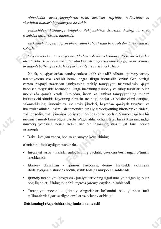 imda), to‘lqinsimon (katta tizimlarda) va hokazo ko‘rinishlari farq etiladi. borliqning o‘zaro mos holatini ifodalaydigan muhim jihat harakatning ilgari- lama yo‘nalganligi - taraqqiyotdir. bu haqdagi tasavvurlar qadimdan ma’lum. lekin nasroniylik dini insonning axloqiy takomillashuvi doirasida taraqqiyot tamoyilini xiyla to‘laroq ravishda kun tartibiga taraqqiyot g‘oyasi: ijobiy va salbiy jihatlari tarixning davriy kechishi qo‘yadi. xviii asrga kelib dunyoviy maqomdagi taraqqiyot nazariyasi maydonga chiqdi. xix asrdayoq, ayniqsa, xx asrda tarixiy taraqqiyotning umid- baxshligi shubhaga olina boshlandi. chunki bir yo‘nalishdagi taraqqiyot ikkinchi yo‘nalishda orqaga ketishni keltirib chiqarib, inson va uning jamiyat rivojlanishiga xavf tug‘dirgan edi. bularga qaramay, kishilik jamiyatining erishgan taraqqiyotidan ko‘z yumib bo‘lmaydi. xususan, uning quyidagi ko‘rsatkichlarini keltirish mumkin: 1. davrdan davrga o‘tgan sari mehnat vositalarini takomillashtirish va mehnatning o‘zini yanada oqilona tashkil etish hisobiga mahsulot ishlab chiqarish sur’ati beqiyos darajada o‘sdi. 2. ishlab chiqarish taraqqiyoti bilan bog‘liq holda ilm-fan rivojlanishiga keng yo‘l ochildi, fan bevosita ishlab chiqaruvchi kuchga aylana boshlandi. 3. ishlab chiqarish …