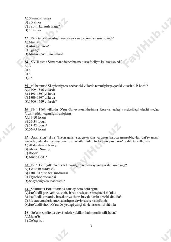 atida 24. qo’qon xonligida qaysi sulola vakillari hukmronlik qilishgan? a).mang’it b).qo’ng’irot c).ming* d).nayman 25. "qo’qondan farg’onagacha" o’zbek tilidagi ilk sayohatnoma muallifini aniqlang. a).zavqiy b).muqimiy* c).furqat d).anbar otin 26. quyidagi qaysi hukmdor bozorda qo’lga o’rgatilgan hayvon o’ynatganlik uchun ham soliq joriy etgan? a).xudoyorxon* b).amir nasrullo c).amir olimxon d).umarxon 27. namangan shahri qayerda bunyod etilgan? a).axsikent shahri o’rnida b).norin daryosi bo’yida c).yangiariq kanali bo’yida d).tuz koni yaqinida* 28. "boburnoma" da "oshligi vofir, mevasi farovon, qovun va uzumi yaxshi bo’lur" deb qaysi shahar haqida ma’lumot berilgan? a).qobul b).samarqand c).agra d).andijon* 29. qaysi hukmdor davrida samarqand qayta tiklanib obodonlashtirish ishlari olib borilgan? a).amir temur b).amir mironshoh c).amir shoxmurod* d) mirzo ulug’bek 30. 1620-1675 yillarda rossiyadan o’rta osiyo xonliklariga necha marta elchilar yuborilgan? a).to’rt* b).besh c).olti d).yetti 31. markaziy osiyo hukmdorlaridan qaysi biri yollanma qo’shin boshlig’idan xon darajasiga ko’tarilgan? a).abdullaxon ii b).amir temur c).muhammad shayboniy* d).muhammad rahimbiy 32. samarqanddagi registon maydoni qaysi asrda to’liq shakllandi? …