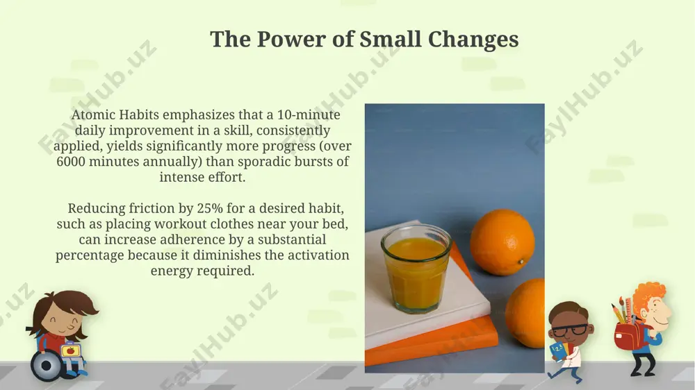 ecome ingrained. the 4 laws of behavior change the "make it obvious" law leverages cues to initiate desired habits; a study showed a 21% increase in habit formation when participants placed their workout clothes visibly near their bed. the "make it satisfying" law utilizes the "habit tracker" system; a visual representation of progress—like marking an "x" on a calendar for each successful day—results in a 60-70% higher success rate due to immediate positive reinforcement. thank you for your attention @taqdimot_robot image6.jpg image7.jpg image8.jpg image9.jpg image10.jpg image11.jpg image12.jpg image13.jpg image14.jpg image1.png