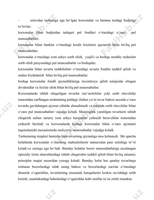 uomala harajatlarini keskin ravishdagi ortib ketishi, mamlakatdagi baholardagi o‘zgarishlar kabi omillar ta’sir etishi mumkin. bundan tashqari, xom ashyo yetkazib beruvchi va sotib oluvchi o‘rtasida vujudga keluvchi pul munosabatlari natijasida tushumga ega bo‘lgan korxonalarda yetarli aylanma mabla\larning asosiy manbai hisoblangan moliyaviy mabla\lar shakllanadi. korxonalar sotuv qilingan tovarlarni birlamchi taqsimlash natijasida ish haqi fondini shakllantiradi. ish haqi fondini shakllantirilish jarayoni o‘zaro molyaviy munosabatlar hisoblanadi va ish haqi fondi ishchilar mehnati uchun to‘lanadigan zaruriy moliyaviy manba bo‘lishi bilan birgalikda budjetdan tashqari fondlar uchun ham muhim moliyaviy manba rolini o‘ynaydi. korxonalarda ijtimoiy takror ishlab chiqarish jarayonini tashkil qilishda moliya- kredit tizimi muhim rol o‘ynaydi. birinchidan, takror ishlab chiqarish jarayoni uchun zaruriy asosiy va aylanma mabla\larni shakllantirishda kredit mabla\larining o‘rni, yoki bozor iqtisodiyoti sharoitida tijorat asosida faoliyat yurituvchi tashkilotlar moliyaviy faoliyatining bosh prinsiplaridan biri bo‘lgan iqtisodiy xatarlarni su\urta qilish natijasida su\urta munosabatlarini o‘rni \oyat yuqori hisoblanadi. mahsulot sotuvidan tushgan tushumning elementi hisoblangan foyda kredit su\urta …
