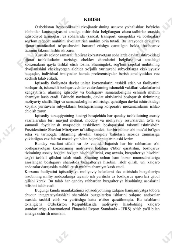 day tashkilotning asosiy vazifalaridan biri mavjud mehnat, moddiy va moliyaviy resurslardan to'la va samarali foydalanish maqsadida tashkilotni boshqarishni takomillashtirishdir. prezidentimiz shavkat mirziyoev ta'kidlaganidek, har bir rahbar o'zi mas'ul bo'lgan soha va tarmoqda ishlarning ahvolini tanqidiy baholash asosida zimmasiga yuklatilgan vazifalarni mas'uliyat bilan bajarishni ta'minlashi lozim. bunday vazifani sifatli va o'z vaqtida bajarish har bir rahbardan o'zi boshqarayotgan korxonaning moliyaviy holatiga e'tibor qaratishni, boshqaruv tizimining asosiy bo'g'ini bo'lgan hisob ishlarini, eng avvalo, buxgalteriya hisobini to'g'ri tashkil qilishni talab etadi. shuning uchun ham bozor munosabatlariga asoslangan boshqaruv sharoitida buxgalteriya hisobini isloh qilish, uni xalqaro andozalar darajasida tashkil etish muhim ahamiyat kasb etadi. korxona faoliyatini iqtisodiy va moliyaviy holatlarni aks ettirishda buxgalteriya hisobining milliy andozalariga tayanib ish yuritishi va boshqaruv qarorlari qabul qilishi kerak. bu talab har qanday rahbardan buxgalteriya hisobining asoslarini bilishni talab etadi. bugungi kunda mamlakatimiz iqtisodiyotining xalqaro hamjamiyatga tobora chuqur integratsiyalashishi sharoitida buxgalteriya ishlarini xalqaro andozalar asosida tashkil etish va …