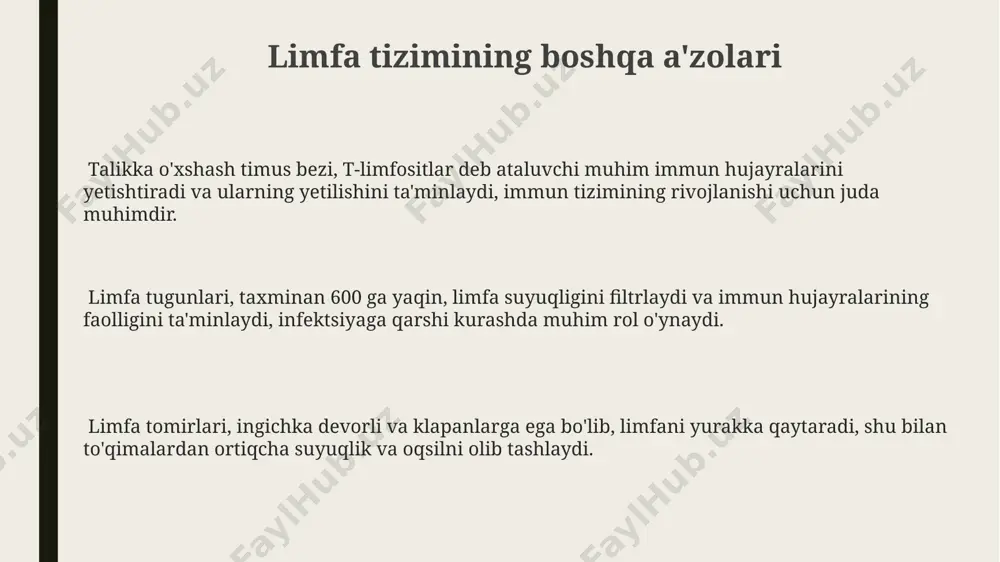 i limfa tugunlariga limfa tomirlari orqali limfa kiradi va efferent limfa tomirlari orqali chiqadi, bu jarayon limfaning filtrlanishi va tozalashini ta'minlaydi. limfa tugunlarining tuzilishi korteks, parakorteks va medulla qismlaridan iborat bo'lib, har bir qism o'ziga xos limfotsit populyatsiyalari va funksiyalariga ega. limfa tugunlari, taxminan 1-25 mm kattalikda bo'lib, limfotsitlarning ko'payishi va antigenlarni filtrlashda muhim rol o'ynaydi, shuningdek, immunitet reaksiyalarida ishtirok etadi. limfa tizimi kasalliklarining diagnostikasi limfa tugunlarining kattalashishi va ogʻriqli boʻlishini aniqlash uchun fizik tekshiruv, yaʼni palpatsiya usuli qoʻllaniladi, bu jarayonda taxminan 20 ta limfa tugunini tekshirish mumkin. kompyuter tomografiyasi (kt) yoki magnit-rezonans tomografiyasi (mrt) kabi tasvirlash usullari limfa tugunlarining kattalashishini va limfangiomalar kabi anomaliyalarni aniqlashda yuqori aniqlik bilan 95% ga yaqin ishonchlilikni taʼminlaydi. limfa tizimi kasalliklarini aniqlashda, qon tahlillari, jumladan, toʻliq qon hisobi va periferik qon surtmasi, infeksiyon belgilarini yoki leykemiya kabi kasalliklarni aniqlashda muhim ahamiyatga ega. limfa tomirlari va tugunlari limfa tizimida, kuniga taxminan 2 litr limfa suyuqligi …