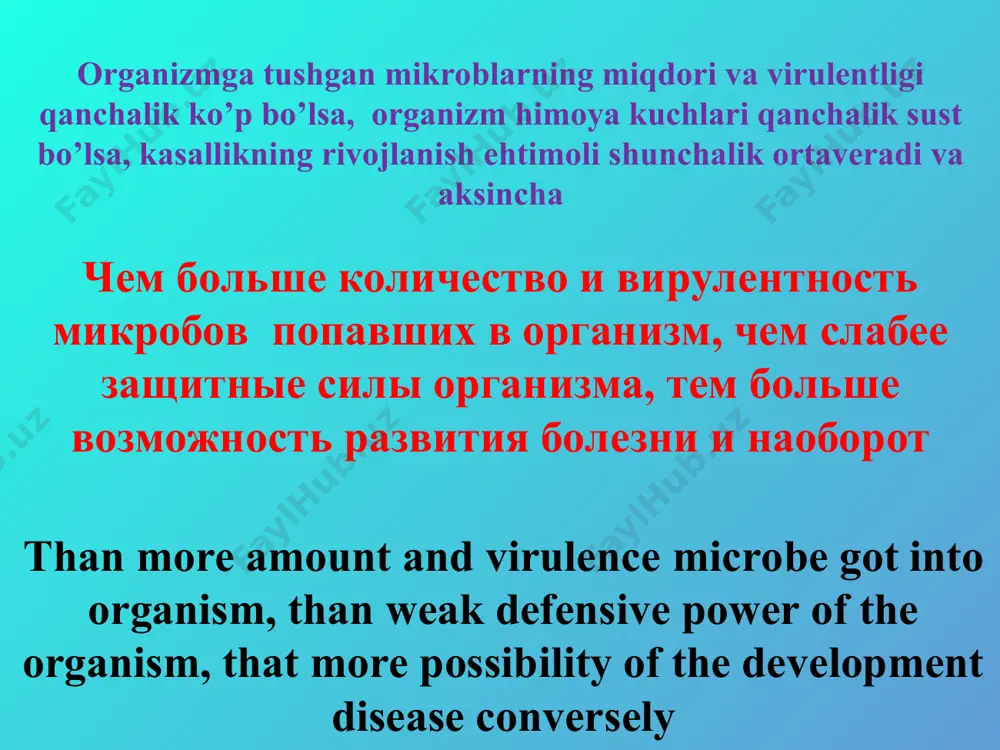 еской инфекции categorization to surgical infection: a. o'tkir xirurgik infeksiya: o'tkir yiringli infeksiya 2. o'tkir anaerob infeksiya 3. o'tkir spetsifik infeksiya (qoqshol, sibir yarasi va boshqalar) 4. o'tkir chirituvchi infeksiya а. острая хирургическая инфекция: 1. острая гнойная инфекция 2. острая анаэробная инфекция 3. острая специфическая инфекция (столбняк, сибирская язва и др.) 4. острая гнилостная инфекция a. acute surgical infection: 1. acute purulent infection 2. acute anaerobic infection 3. acute specific infection (the tetanus, anthrax and others) 4. acute ichorous infection b. surunkali xirurgik infeksiya: 1. surunkali nospetsifik infeksiya 2. surunkali spetsifik infeksiya (sil, zaxm, aktinomikoz va boshkalar) б. хроническая хирургическая инфекция: хроническая неспецифическая инфекция 2. хроническая специфическая инфекция (туберкулез, сифилис, актиномикоз и др.) b. chronic surgical infection: 1. chronic not specific infection 2. the chronic specific infection (the tuberculosis, syphilis, actinomycosis and other) klinika kechishiga ko’ra: 1. o'tkir yiringli infeksiya: a) umumiy b) mahalliy 2. surunkali yiringli infeksiya: a) umumiy …