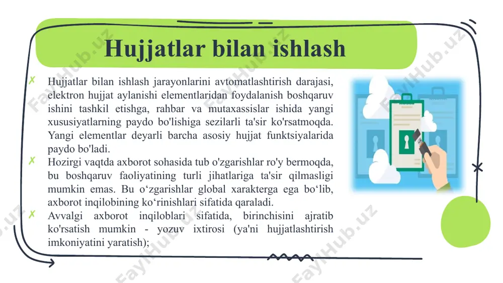 osiy tushunchasi elektron hujjatdir. elektron hujjat - bu kompyuter xotirasidagi ma'lumotlar to'plami bo'lib, u matn, rasm, jadval, chizma va boshqalarni o'z ichiga oladi. va tegishli dasturiy ta'minot va apparat vositalari yordamida inson idrok etish uchun mo'ljallangan. matn protsessor matn protsessor - bu turli ma'lumotlar (masalan, jadvallar, grafiklar va boshqalar) bo'lgan matnli hujjatlarni kiritish, tahrirlash va qayta ishlash dasturi. matn muharrirlari va protsessorlariga quyidagilar kiradi: o'rnatilgan matn muharrirlari; instrumental kompyuter dasturlari muharrirlari; universal matn protsessorlari; ilmiy hujjatlar muharrirlari, jurnallar va kitoblar maketlarini terish dasturlari (nashriyot tizimlari). hozirgi vaqtda eng mashhur matn protsessori microsoft word 2003 hisoblanadi, lekin allaqachon paydo bo'lgan yangi versiya microsoft office 2007. word 2003 da siz quyidagi turdagi hujjatlarni yaratishingiz mumkin: yangi hujjat. veb-sahifa. xml - hujjat. elektron pochta xabari. xabar - faks. konvertlar va stikerlar. shablonlar. word dasturida matnli hujjatlarni yaratish (tayyorlash)ning asosiy bosqichlari: yozish; matnni tahrirlash; formatlash; imlo tekshiruvi; matnni chop etish; saqlash. tahrirlash operatsiyalari (o'chirish, …