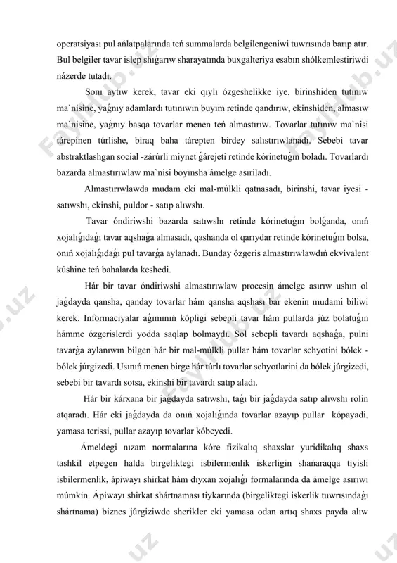 sebepli tavar hám pullarda júz bolatuǵın hámme ózgerislerdi yodda saqlap bolmaydı. sol sebepli tavardı aqshaǵa, pulni tavarǵa aylanıwın bilgen hár bir mal-múlkli pullar hám tovarlar schyotini bólek - bólek júrgizedi. usınıń menen birge hár túrlı tovarlar schyotlarini da bólek júrgizedi, sebebi bir tavardı sotsa, ekinshi bir tavardı satıp aladı. hár bir kárxana bir jaǵdayda satıwshı, taǵı bir jaǵdayda satıp alıwshı rolin atqaradı. hár eki jaǵdayda da onıń xojalıǵında tovarlar azayıp pullar kópayadi, yamasa terissi, pullar azayıp tovarlar kóbeyedi. ámeldegi nızam normalarına kóre fizikalıq shaxslar yuridikalıq shaxs tashkil etpegen halda birgeliktegi isbilermenlik iskerligin shańaraqqa tiyisli isbilermenlik, ápiwayı shirkat hám dıyxan xojalıǵı formalarında da ámelge asırıwı múmkin. ápiwayı shirkat shártnaması tiykarında (birgeliktegi iskerlik tuwrısındaǵı shártnama) biznes júrgiziwde sherikler eki yamasa odan artıq shaxs payda alıw yamasa nızamǵa qayshı bolmaǵan basqa maqsetke erisiw ushın óz úleslerin qosıw hám yuridikalıq shaxs tuzmasdan birgelikte jumıs qılıw minnetlemein aladılar. fizikalıq shaxslar jalǵız tártipdegi isbilermenler retinde mámleket …