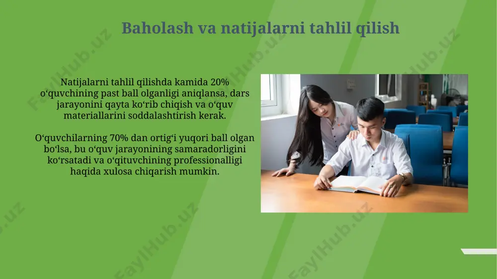 ularga e'tibor qaratish samarali natijalarga olib keladi. stressni boshqarishning samarali usullaridan biri, kuniga kamida 15-20 daqiqa meditatsiya yoki chuqur nafas olish mashqlarini bajarish bo'lib, bu miya faoliyatini tartibga soladi va kayfiyatni yaxshilaydi. pedagogik qo'llab-quvvatlash xizmatlari pedagogik qo'llab-quvvatlash xizmatlari o'quvchilarning 70% gacha bo'lgan qismini muvaffaqiyatli o'qishga yordam beradi, bu esa 30% ga yaqin qiyinchiliklarga duch keluvchi o'quvchilarga individual yondashuvni talab qiladi. pedagogik qo'llab-quvvatlash xizmatlarida individual va guruhli mashg'ulotlar, o'yinli texnologiyalar, shu jumladan, kamida 2 turdagi diagnostik vositalar qo'llaniladi. qiyin talabalarni aniqlash talabaning o'qishdagi yutuqlarining keskin pasayishi (masalan, 1 yildan keyin 2 ballga pasayish), ijtimoiy moslashuvchanlikning etishmasligi va tengdoshlari bilan konfliktli munosabatlarning tez-tez takrorlanishi qiyin talabani aniqlashda muhim belgilardir. psixologik baholash usullari, jumladan, o'quv motivatsiyasi va ijtimoiy-emotsional rivojlanish darajasi bo'yicha testlar, qiyin talabalarni aniqlash va ularga yordam berish uchun samarali vosita bo'lib xizmat qiladi. professional rivojlanish va o'z ustida ishlash professional rivojlanish dasturlari, 5 tadan ortiq seminar yoki treninglarga qatnashish, o'qituvchining o'ziga …