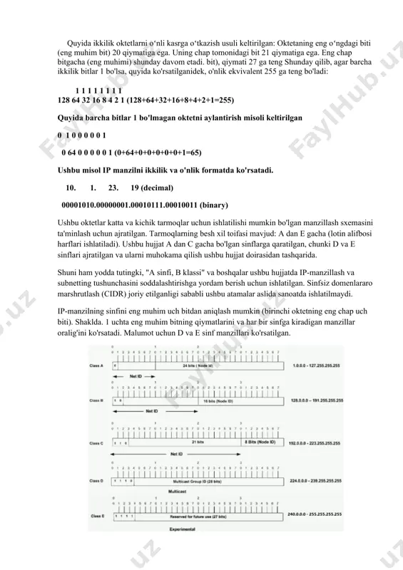 xost qismiga bo'lish mumkin. 32 bit to'rtta oktetga bo'lingan (1 oktet = 8 bit). har bir oktet o'nlik yozuvga aylantiriladi va boshqa oktetlardan nuqta bilan ajratiladi. shuning uchun ip-manzilni o'nli tizimda nuqta bilan ifodalash odatiy holdir (masalan, 172.16.81.100). har bir oktetdagi qiymat o'nlik sanoqda 0 dan 255 gacha yoki ikkilik sanoqda 00000000 dan 11111111 gacha bo'lishi mumkin. quyida ikkilik oktetlarni oʻnli kasrga oʻtkazish usuli keltirilgan: oktetaning eng oʻngdagi biti (eng muhim bit) 20 qiymatiga ega. uning chap tomonidagi bit 21 qiymatiga ega. eng chap bitgacha (eng muhimi) shunday davom etadi. bit), qiymati 27 ga teng shunday qilib, agar barcha ikkilik bitlar 1 bo'lsa, quyida ko'rsatilganidek, o'nlik ekvivalent 255 ga teng bo'ladi: 1 1 1 1 1 1 1 1 128 64 32 16 8 4 2 1 (128+64+32+16+8+4+2+1=255) quyida barcha bitlar 1 bo'lmagan oktetni aylantirish misoli keltirilgan 0 1 0 0 0 0 0 1 0 64 0 0 0 …