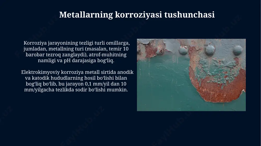 tali ph muhiti (ph<7) metallarning korroziyasini ancha tezlashtiradi. masalan, ph 3 bo'lgan muhitda temirning korroziya tezligi neytral muhitga (ph 7) nisbatan 100 barobar yuqori bo'lishi mumkin. korroziya monitoringi korroziya monitoringi jarayonida elektrokimyoviy usullar, masalan, elektrod potentsialini o'lchash yordamida metall sirtining 1 mv gacha aniqlik bilan korroziya darajasini kuzatish mumkin. zamonaviy korroziya monitoringi tizimlari ma'lumotlarni uzluksiz ravishda yig'ib, tahlil qilib, korroziya jarayonining 95% ishonchlilik darajasida prognozini berish imkonini beradi. korroziya turlari korroziyaning elektrokimyoviy turi metallarning elektrolit eritmalarida 0,5 dan 3,5 v gacha bo'lgan potentsiallar farqi ta'sirida sodir bo'ladi va bu jarayon anod va katod reaktsiyalarining birgalikda oqishi bilan tavsiflanadi. atmosfera korroziyasi, metallarning havo namligi va ifloslantiruvchi gazlar (so2, co2) bilan ta'siri natijasida yuzaga keladi va yillik yo'qotishlar miqdori 10% gacha yetishi mumkin. e'tiboringiz uchun rahmat @taqdimot_robot image5.jpg image6.jpg image7.jpg image8.jpg image9.jpg image10.jpg image11.jpg image12.jpg image13.jpg image14.jpg image15.jpg image16.jpg image1.jpg