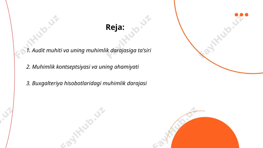 beradi. ... t.me/slaydai_bot buxgalteriya hisobotlaridagi muhimlik darajasi moliyaviy hisob-kitoblarning qanchalik aniqlik bilan amalga oshirilishini belgilaydi. muhimlik darajasi, odatda, tashkilotning o'lchami, soha turi va maqsadlariga qarab o'zgaradi. buxgalteriya hisobotlari uchun qabul qilinadigan muhimlik darajasi 3-5% atrofida bo'lishi mumkin. ya'ni, umumiy tushumning yoki aktivlarning 3% dan oshadigan o'zgarishlar hisobotlarda aks ettirilishi muhim hisoblanadi. shunday qilib, moliyaviy natijalar va investitsiyalar to'g'ri baholanadi va qaror qabul qilish jarayonini yaxshilaydi. muhimlik chegarasini belgilash korxona rahbariyati va auditorlar uchun strategik qaror hisoblanadi. ... t.me/slaydai_bot 4. moliyaviy hisobotlarda muhimlik darajasini belgilash mezonlari moliyaviy hisobotlarda muhimlik darajasini belgilash mezonlari moliyaviy hisobot foydalanuvchilariga qaror qabul qilishda muhimdir. muhimlik darajasi moliyaviy ma'lumotlarning noaniqlik darajasi va miqdoriy chegaralari orqali belgilanadi. odatda, moliyaviy hisobotning elementlari, masalan, aktivlar, passivlar yoki daromadlar hajmining umumiy miqdorga nisbatan muhimlik darajasidagi ta'siri hisobga olinadi. katta kompaniyalar uchun bu ko'pincha umumiy daromadning 5-10 foiziga teng bo'lishi mumkin. kichik kompaniyalar yoki shaxsiy hisobotlar uchun esa tashqi omillar, sanoat standartlari …
