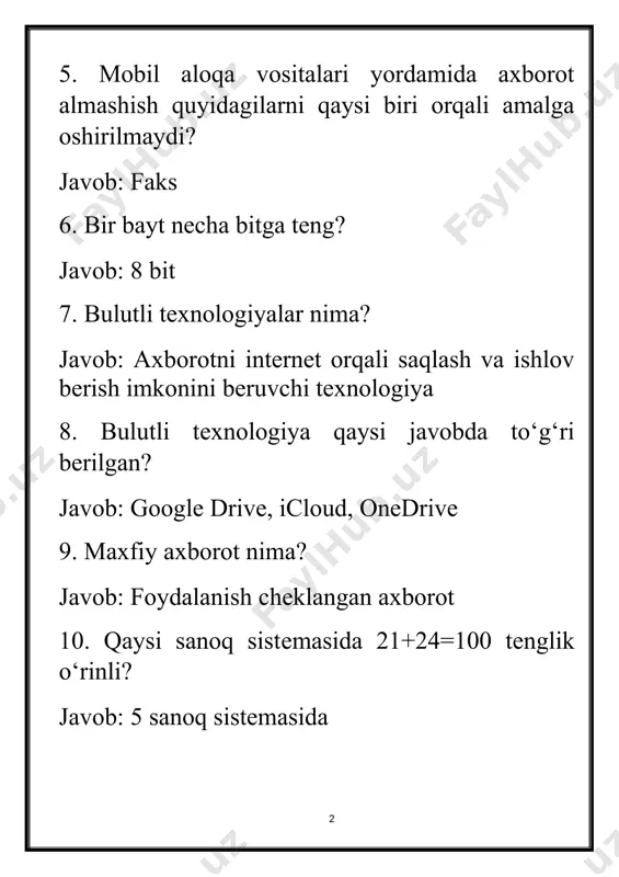inlovchi telekommunikatsiya vositalarining majmui qaysi javobda to‘g‘ri berilgan? javob: aloqa tarmoqlari 17. modеmning vazifasi nimadan iborat? javob: raqamli va analog signallarni aylantirish orqali internetga ulanish 18. abonеntlar (mijozlar) uchun mobil aloqa хizmatlarini taklif qiluvchi tashkilot qaysi javobda to‘g‘ri berilgan? javob: mobil operator (mobiuz, uzmobile, beeline, ucell) 19. mobil aloqa vositalari yordamida abonеntlarning so‘zlashuvi, mobil intеrnеt va pochta хizmatlari amalga oshirishi nima? javob: qo‘ng‘iroq, sms, mobil internet, elektron pochta 20. tizimli blok tashqi qurilmalarga qanday ulanishi qaysi javobda to‘g‘ri ko‘rsatilgan? javob: usb, hdmi, vga, bluetooth, wi-fi 21. opеrativ хotira qanday vazifani bajaradi? javob: tezkor ma’lumotlarni saqlash va protsessor bilan ishlash jarayonini tezlashtirish 22. kompyuter qurilmalariga xizmat ko‘rsatuvchi dasturlar qanday nomlanadi? javob: utility software (xizmat dasturlari) 23. total commander qanday dastur hisoblanadi? javob: fayl menejeri 24. operatsion tizim qaysi javobda to‘g‘ri berilgan? javob: kompyuter resurslarini boshqaradigan va foydalanuvchi bilan aloqa qiluvchi dastur (windows, linux, macos, android) 25. bir guruh fayllar va papkalarni …