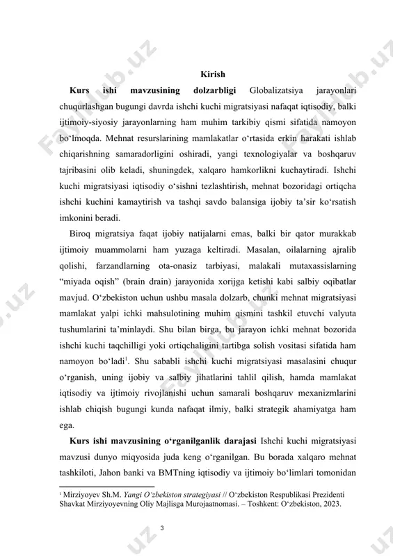 haqidagi ilmiy ishlari e’tiborga loyiq. bundan tashqari, o‘zbekiston respublikasi bandlik va mehnat munosabatlari vazirligi hamda davlat statistika qo‘mitasi muntazam ravishda migratsiya bo‘yicha rasmiy ma’lumotlarni taqdim etib keladi. ammo amaldagi tadqiqotlarda iqtisodiy va ijtimoiy jihatlarni birgalikda kompleks tarzda tahlil qilish yetarli darajada yo‘lga qo‘yilmagan. xususan, so‘nggi yillarda pandemiya, global iqtisodiy inqiroz va geosiyosiy o‘zgarishlar fonida migratsiya oqimlarida kuzatilayotgan yangi tendensiyalar hali yetarlicha ilmiy asoslangan holda o‘rganilmagan. shu bois, ushbu kurs ishida migratsiyaning zamonaviy bosqichdagi o‘ziga xos jihatlari, uning o‘zbekiston iqtisodiy va ijtimoiy rivojlanishiga ta’siri chuqur tahlil qilinadi. kurs ishi mavzusining nazariy va amaliy ahamiyati mazkur kurs ishining nazariy ahamiyati shundaki, ishchi kuchi migratsiyasi jarayonlarini o‘rganish orqali mehnat iqtisodiyoti, demografiya va sotsiologiya fanlarida mavjud nazariy qarashlar yanada boyitiladi. migratsiyaning iqtisodiy o‘sishga ta’siri, ijtimoiy tuzilmalarga kirib kelgan o‘zgarishlar va mehnat bozoridagi muvozanat masalalari ilmiy asosda tahlil qilinadi. bu tadqiqot migratsiya nazariyalarining — xususan, “push-pull” modeli, yangi iqtisodiy migratsiya nazariyasi, mehnat bozorining dualistik modeli …