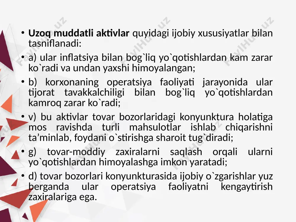 ydi. uning tarkibiga imoratlar, inshootlar, o`tkazuvchi moslamalar, mashina va asbob-uskunalar, transport vositalari, uskunalar (priborlar), mahsuldor va ishchi hayvonlar, ko`p yillik daraxtlar, ishlab chiqarish va xo`jalik inventarlari, shuningdek yer unumdorligini tubdan yaxshilashga (yyerlarni quritish, sug`orish tizimlarini yaratish, sho`rini yuvish va boshqa meliorativ tadbirlarga) yo`naltirilgan kapital qo`yilmalar kiradi. imoratlar o`simlikchilik tarmog`ida g`alla, sabzovot, poliz, meva va boshqa mahsulotlarni saqlash uchun omborxonalar, texnika va mashinalarni saqlash uchun garajalardan iborat bo`ladi. chorvachilikda unga molxonalar, zootexnik va veterinariya laboratoriyalari, yem-xashakni saqlash omborlari va boshqalar kiradi. inshootlar – texnikaviy vazifalarni bajarishga xizmat qiladi. o`simlikchilikda unga suv minorasi, silos va senaj saqlash inshootlari, issiqxonalar, mahsulotlarni qisqa muddatda saqlash va tozalash maydonlari, sug`orish va quritish tarmoqlari kiradi. chorvachilikda go`ng saqlash qurilmalari, suv chiqarish minorasi va qudug`i inshshoatlar turkumiga kiradi. bulardan tashqari unga ichki xo`jalik foydalanishida bo`lgan yo`l va ko`priklar ham kiradi. o`tkazuvchi moslamalar fermer xo`jaligining gaz o`tkazish quvurlari, elektr va telefon tarmoqlarini o`z ichiga oladi. mashina va asbob-uskunalarga …
