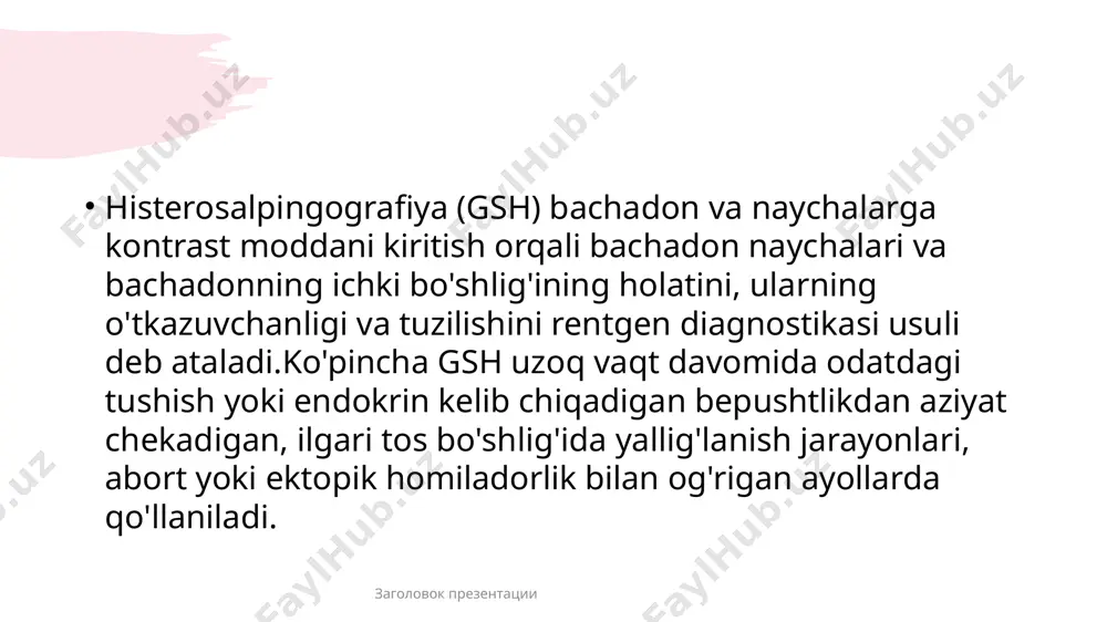 iga kiritiladi.tadqiqotdan ikki kun oldin jinsiy aloqadan voz kechish kerak va gshdan bir hafta oldin mikrofloraning muvozanatini buzishi mumkin bo'lgan har qanday douching va intim gigiena vositalaridan foydalanishni bekor qilish kerak.bundan tashqari, protseduradan kamida 5-7 kun oldin, agar shifokor sizga qinni maxsus tozalashni buyurmagan bo'lsa, vaginal shamlar, kremlar va spreylardan foydalanishni rad etish kerak. 03.09.20гг название презентации 6 jarayon vaqti tadqiqot maqsadlariga va tadqiqot davomida tasdiqlanishi yoki rad etilishi kerak bo'lgan taxminiy tashxisga bog'liq.quvurlarning o'tkazuvchanligini yoki bachadon bo'yni holatini o'rganish uchun tsiklning ikkinchi bosqichida histerosalpingografiya buyuriladiagar bachadon endometrioziga shubha bo'lsa – tsiklning 7-8 kunidaagar bachadon miomasiga shubha qilingan bo'lsa, davr muhim emas, asosiysi hayz ko'rmaslikdir.jarayonni tsiklning dastlabki ikki haftasida o'tkazish afzalroqdir, chunki bu ayolning aniq homilador emasligiga ishonch hosil qiladi va bachadon shilliq qavati hali fallop naychalarining chiqishini to'sib qo'ymaydi, chunki u kichik qalinlikka ega. 03.09.20гг название презентации 7 03.09.20гг название презентации 8 histerosalpingografiya uchun kontrastning suvli eritmalari-verografin, urotrast, kardiotrast …