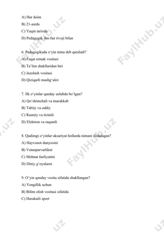 doimiy nazorat orqali b) guruhiy o‘yinlar orqali c) mustaqil o‘qish orqali d) yozma topshiriqlar orqali 15. o‘yin qoidasi nima uchun muhim? a) bolalarni charchatmaslik uchun b) o‘yin mazmunini tushunish va tartibni saqlash uchun c) o‘qituvchi uchun yengillik yaratish d) tez yakunlash uchun 16. qoidali o‘yinlar pedagogik jarayonda qanday o‘rin tutadi? a) erkin faoliyat b) diagnostika shakli c) bilim berishning samarali usuli d) sinov shakli 17. qoidali o‘yinlar qanday tarzda o‘tkazilishi kerak? a) boshqaruvsiz b) qiziqarli, lekin intizomli c) juda qat’iy d) faqat yozma topshiriq asosida 18. bolalarda mas’uliyat hissini qanday o‘yin rivojlantiradi? a) rol o‘yinlari b) jismoniy harakat o‘yinlari c) qoidali o‘yinlar d) o‘yinchoq bilan o‘ynash 19. qoidali o‘yinlarda bolaning aqliy faolligi qanday shakllanadi? a) so‘z boyligini oshirish orqali b) qaror qabul qilish, mantiqiy fikrlash orqali c) og‘zaki dars orqali d) videoni tomosha qilish orqali 20. o‘yin orqali berilgan bilimlar qanday bo‘ladi? a) yuzaki b) barqaror va amaliyotga yo‘naltirilgan c) …