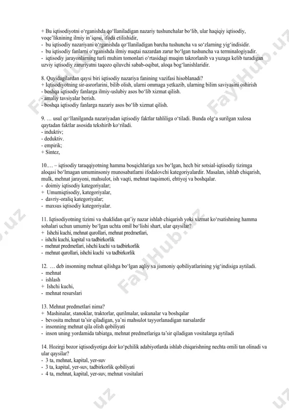 ruriyatni taqozo qiluvchi sabab-oqibat, aloqa bog‘lanishlaridir. - iqtisodiy kategoriya - iqtisodiy hodisa - iqtisodiy mexanizm + iqtisodiy qonun, 5. iqtisodiy qonunlarni nechta yirik guruhga ajratish mumkin? - 5. - 4. + 3, - 2. 6.faqat muayyan sotsial-iqtisodiy tizim doirasida amal qiluvchi, shu tizimni o‘ziga xos xususiyatlarini ifoda etuvchi qonunlar qanday ataladi? - doimiy iqtisodiy qonunlar. - umumiqtisodiy qonunlar. + davriy-oraliq, qonunlar, - maxsus iqtisodiy qonunlar. 7. iqtisodiy kategoriya nima? + bu iqtisodiyotni o‘rganishda qo‘llaniladigan nazariy tushunchalar bo‘lib, ular haqiqiy iqtisodiy, voqe’liknining ilmiy in’iqosi, ifoda etilishidir, - bu iqtisodiy nazariyani o‘rganishda qo‘llaniladigan barcha tushuncha va so‘zlarning yig‘indisidir. - bu iqtisodiy fanlarni o‘rganishda ilmiy nuqtai nazardan zarur bo‘lgan tushuncha va terminalogiyadir. - iqtisodiy jarayonlarning turli muhim tomonlari o‘rtasidagi muqim takrorlanib va yuzaga kelib turadigan uzviy iqtisodiy zaruriyatni taqozo qiluvchi sabab-oqibat, aloqa bog‘lanishlaridir. 8. quyidagilardan qaysi biri iqtisodiy nazariya fanining vazifasi hisoblanadi? + iqtisodiyotning sir-asrorlarini, bilib olish, ularni ommaga yetkazib, ularning bilim saviyasini …