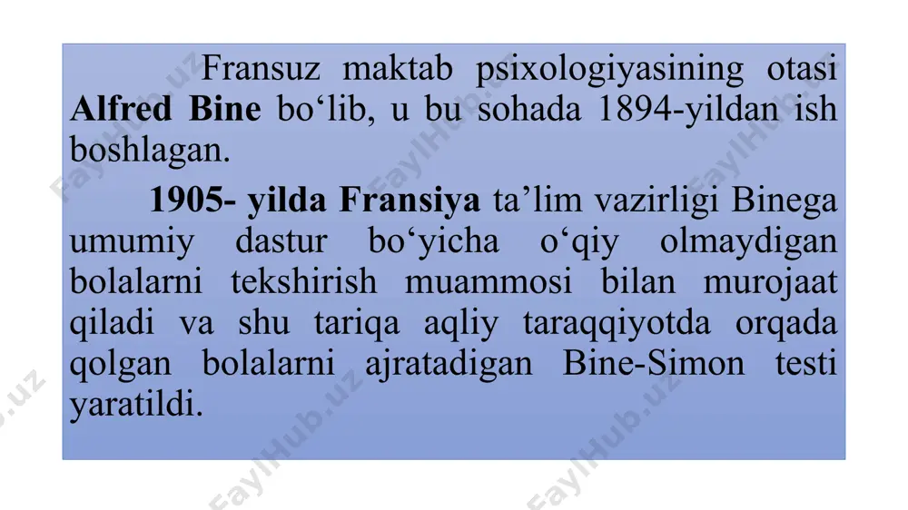 xizmatga oid olib borilayotgan nazariyilmiy va amaliy-uslubiy tadqiqotlar ko‘lamiga ma’lum tartibda baho bermay turib, o’zbekistonda psixologik xizmatni yanada takomillashtirish va rivojlantirish masalasi haqida fikr-mulohaza yuritib bo‘lmaydi. o’zbekistonda psixologik xizmat tarkib topishining dastlabki ildizlari va intihosi asrimizning 30-yillaridagi pedologiya fani va pedologik xizmat faoliyatlariga borib taqaladi. mazkur yillarda ta’lim jarayonini tashkil etish va rivojlantirish o‘quvchi va o‘qituvchi faoliyati bilan bog‘liq psixologik omillarga asoslangan va bu talaygina yaxshi natijalar ham bergan. biroq, afsuski, o‘sha davrda sobiq ittifoq mafkurasi va xalq ta’limi o‘rtasida paydo bo‘lgan ayrim obyektiv va subyektiv ziddiyatlar oqimi umumta’lim maktablari uchun muhim ahamiyat kasb etgan pedologik xizmat ildiziga bolta urdi va uni rasmiy tarzda yo‘qqa chiqardi. natijada, pedagogik psixologiya yo'li bilan bajariladigan barcha ishlar maktabda faqat pedagogik yondashuvlar asosidagina amalga oshirildi. o’zbekistondagi umumta’lim tizimi bilan bog‘liq izlanishlar va tadqiqotlar to‘xtab qolgani yo‘q. ayniqsa, v.e. chudnovskiy, p.i.ivanov, m.g. davletshin, m.vohidovlar tomonidan ishlab chiqilgan qator ilmiy va metodik tavsiyalar maktabda psixologik xizmat …