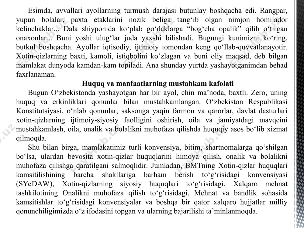 yo‘l ochildi. bunga muvofiq, o‘zbekiston respublikasi bosh vazirining o‘rinbosari yangi lavozimi joriy etilib, uning zimmasiga xotin-qizlarning jamiyat hayotidagi rolini yanada oshirish bilan bog‘liq masalalarni boshqarish yuklandi. 1996-yilda vazirlar mahkamasi tomonidan o‘zbekiston respublikasida xotin-qizlarning ahvolini yaxshilash bo‘yicha konsepsiyaning qabul qilingani, mamlakatda har yili xotin-qizlar va bolalar manfaatlarini rivojlantirish hamda kuchaytirishga bag‘ishlangan davlat dasturlarining hayotga izchil tatbiq etilayotgani, bmt qo‘mitasiga xotin-qizlar huquqlari kamsitilishining barcha shakllariga barham berish to‘g‘risidagi konvensiyasi ijrosi bo‘yicha milliy ma’ruza taqdim etilayotgani opa-singillarimizning konstitutsiyaviy huquqlarini ro‘yobga chiqarishga xizmat qilmoqda. davlatimiz rahbarining 2004-yil 25-maydagi “o‘zbekiston xotin-qizlar qo‘mitasi faoliyatini qo‘llab-quvvatlash borasidagi qo‘shimcha chora-tadbirlar to‘g‘risida”gi farmoni opa-singillarimizning jamiyat hayotidagi nufuzini oshirish, ularga e’zoz va ehtirom ko‘rsatish, tashkilotchilik, tadbirkorlik, ishbilarmonlik qobiliyatini qo‘llab-quvvatlash borasidagi ishlar ko‘lamini yanada kengaytirdi, desak, aslo mubolag‘a bo‘lmaydi. unga ko‘ra, yurtimizdagi mavjud o‘n mingga yaqin fuqarolarning o‘zini o‘zi boshqarish organlarida diniy ma’rifat va ma’naviy-axloqiy tarbiya masalalari bo‘yicha maslahatchi lavozimi joriy etildi. hozirgi kunda katta hayot tajribasiga ega, el orasida obro‘-e’tibor …