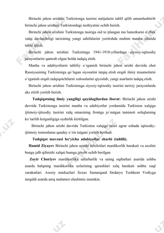 arga yuborish uchun moddiy imkoniyat butkul yuq edi. buni rossiya harbiy vaziri urinbosari a.p- .frolov ham tan olgandi: «tub aholi va ma’muriyat begona joylarga mardikor yuborishga tayyor emas edilar, ammo shunga qaramay bu ishga shoshilinch ravishda kirishilishi katta tartibsizlikni yuzaga keltirib, qon tukilishiga va qurol ishlatilishiga olib keldi»2. birinchi jahon urushi boshlanishida chor rossiyasi juda faol harakat qila boshladi. zero, buning bir qancha iqtisodiy-siyosiy va harbiy-strategik hamla subyektiv-mafkuraviy sabablari bor. «ulug‘ rus saltanati (imperiyasi)ni qurish», uning sarhadlarini yangi о‘lkalarni bosib olish hisobiga kengaytirish, qoloqlik tufayli. yevropa, qolaversa, dunyo bozoriga chiqa olmaganligi uchun osiyo, о‘rta sharq, kavkaz va bolqondagi hali dunyo bozoriga tortilmagan mintaqalarni tasarrufiga kiritish, о`z mahsulotlarini sotish uchun ichki bozorni kengaytirish, yaqin xudullarda о‘z sarmoyalarini joylashtirish va shuning hisobiga rossiya ichkarisidagi ijtimoiy- siyosiy muammolarni hal qilish va hokazo omillar mavjud edi. ustiga-ustak, rossiya fransiya, angliya va boshqa mamlakatlarlan qarzdor bо‘lganligi uchun ham ularning 2 x.ziyoyev o’zbekiston i-ii jahon urishi …