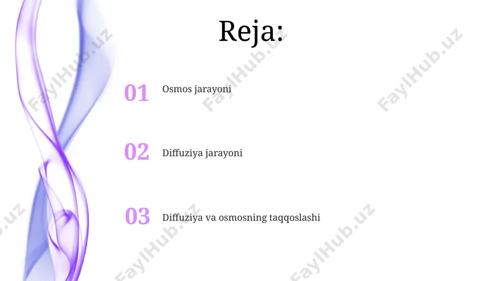 i. osmoz jarayoni faqatgina suv molekulalariga emas, balki suvda erigan ba'zi kichik molekulalarga ham ta'sir qilishi mumkin, lekin ularning o'tkazuvchanligi membrananing tuzilishiga bog'liq. osmozga ta'sir etuvchi omillar osmotik bosim, erigan moddaning konsentratsiyasi bilan to'g'ridan-to'g'ri proportsionaldir; masalan, 0.1m eritmada bosim 2.5 bar bo'lsa, 0.2m eritmada 5 bar bo'ladi. suv potensialining farqi osmoz tezligiga bevosita ta'sir qiladi; yuqori farq, ya'ni 10 mpa farq, tezroq osmozni keltirib chiqaradi. diffuziya va osmoz tushunchalari suv potentsiali - suvning harakatlanish moyilligini ifodalaydigan fizik kattalik bo'lib, uning qiymati atmosfera bosimi birliklarida, masalan, -1 mpa o'lchanadi va osmoz jarayonini aniqlashda muhim rol o'ynaydi. diffuziya jarayoni gazlar yoki suyuqliklardagi moddalar konsentratsiyasining yuqori bo'lgan hududdan past bo'lgan hududga o'tishini, masalan, 20°c da kislorodning havodan qonga o'tishini o'z ichiga oladi. diffuziya va osmoz o'rtasidagi farqlar osmozda suvning harakati suv potentsialining farqi bilan boshqariladi (masalan, 100 kpa dan 50 kpa gacha), diffuziya esa konsentratsiyaning gradyenti (masalan, 1m dan 0.1m gacha) bilan boshqariladi. …