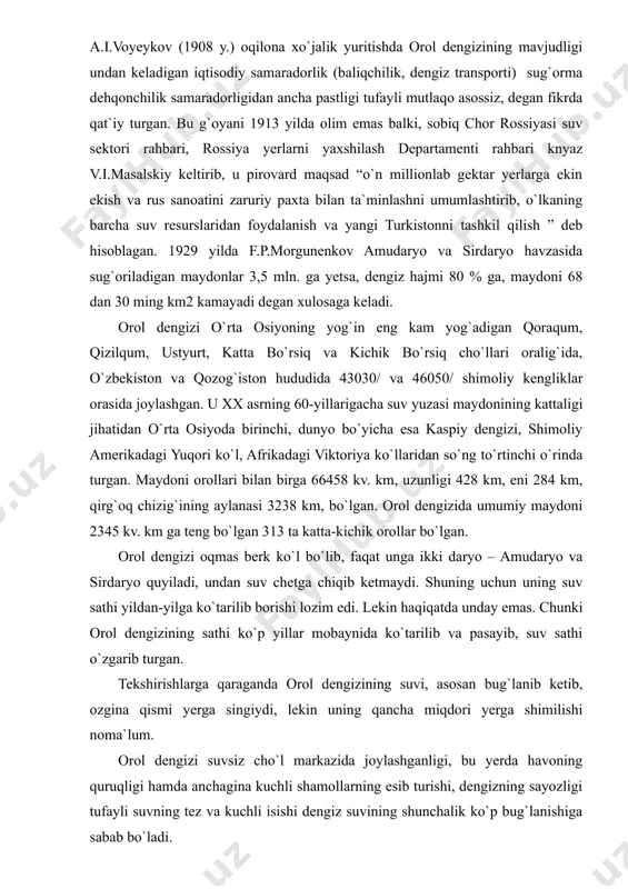 uammosi va hokazolar. ekologik muammolar ko`lamiga ko`ra mahalliy, regional va global muammolarga bo`linadi. mahalliy muammolarni e`tiborga olmasdan, ularga tegishli chora ko`rilmasa regional, bora-bora global muammoga aylanishi mumkin. ekologik xavfsizlik muammosi allaqachonlar milliy va mintaqaviy doiradan chiqib, butun insoniyatning umumiy muammosiga aylangan. tabiat va inson o`zaro muayyan qonuniyatlar asosida munosabatda bo`ladi. bu qonuniyatlarni buzish o`nglab bo`lmas ekologik falokatlarga olib keladi.� hozirgi kunda regional ekologik muammodan global ekologik muammoga aylanib ulgurgan orol va orolbo`yi muammosi o`rta osiyo va janubiy qozog`istonda yangi yerlarning o`zlashtirilishi va suv resurslaridan oqilona foydalanmaslik oqibatida, sug`orma dehqonchilikni yanada rivojlantirish, buning uchun ko`plab suv omborlari va kanallarning qurilishi, suvning bug`lanishga va yer ostiga sizilishiga sarf bo`lishi, suvdan maishiy va sanoat ko`lamida foydalanish ehtiyojining davomiy o`sib borishi, shuningdek, suv taqchil bo`lgan yillarning muntazam takrorlanib turishi natijasida yuzaga kela boshladi. shu sababli o`rta osiyoning eng yirik daryolari – amudaryo va sirdaryo yildan-yilga orol dengiziga kam suv keltira boshladi. natijada dengiz sathi …