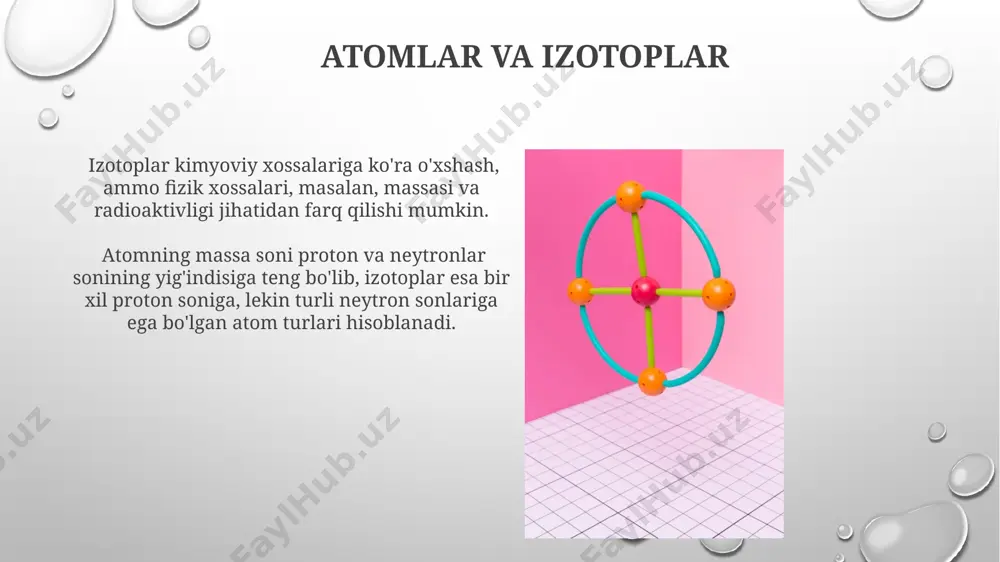 eev davriy jadvali mendeleev davriy jadvalining tuzilishi elementlarning elektron konfiguratsiyalari va valentlik elektronlari soni bilan bog'liq bo'lib, bu ularning kimyoviy xossalarini aniqlaydi. jadvalda elementlarning atom raqamlari ularning yadro zaryadlari bilan mos keladi va bu elementning protonlar sonini bildiradi. atom massasi esa proton va neytronlarning umumiy sonini ifodalaydi. valentlik elektronlari atomlar valentlik elektronlarini yo'qotish, qabul qilish yoki umumiylashtirish orqali barqaror oktet (8 elektron) holatiga erishishga intiladi, bu esa ion yoki kovalent bog'lanishlarni hosil qiladi. valentlik elektronlari atomlarining tashqi elektron qobig'ida joylashgan bo'lib, ular kimyoviy bog'lanishlarda ishtirok etadi va elementning reaktivligini aniqlaydi, odatda 1 dan 8 tagacha bo'ladi. e'tiboringiz uchun rahmat @taqdimot_robot image3.png image4.jpg image5.jpg image6.jpg image7.jpg image8.jpg image9.jpg image10.jpg image11.jpg image12.jpg image13.jpg image14.jpg image15.jpg image1.png