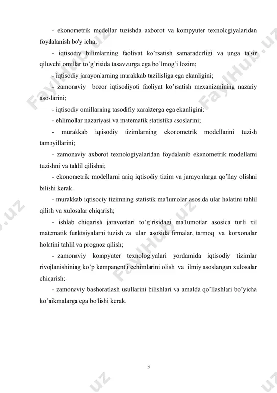 shlari bo’yicha ko’nikmalarga ega bo'lishi kerak. 1-laboratoriya mashg‘uloti. mavzu: ekonometrikada ehtimollar nazariyasi va matematik statistikaning asosiy tushunchalari kerakli texnik vositalar: kompyuter ish stoli. kerakli dasturiy vositalar: ms excel, eviews yoki stata dasturi. ishning maqsadi: talabalarda ekonometrikada foydalaniladigan ehtimollar nazariyasi va matematik statistikaning asosiy tushunchalarini amaliyotda qo‘llash malakasini shakllantirish. topshiriq: quyidagi jadvalda keltirilgan ma’lumotlar asosida ms excel, eviews yoki stata dasturiy paketi yordamida korrelyatsion tahlil, regression tahlil amalga oshirilsin. bu yerda y - iste’mol xarajatlari, x - shaxsiy daromad. yillar y x 1996 195,0 207,7 1997 209,8 207,7 1998 219,8 238,7 1999 238,0 252,5 2000 238,0 256,9 2001 256,9 274,4 2002 269,9 292,9 2003 285,2 308,8 2004 293,2 317,9 2005 313,5 337,1 2006 328,2 349,9 2007 337,3 364,7 2008 356,8 384,6 2009 375,0 402,5 2010 399,2 431,8 uslubiy ko‘rsatma: ехcеl dasturiy paketidagi анализ данных instrumentidan foydalangan holda y endogen omil va x egzogen omil o‘rtasidagi korrelyatsion bog‘lanish aniqlanadi. excel dasturiy paketida …