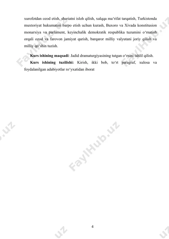 or, ulamolar orasida mavjud edi. ziyolilar dastlab chorizmga qarshi kurashni xalqni asriy qoloqlikdan uygʻotish — siyosiy-maʼrifiy jabhadan boshlashga qaror qildilar. jadidchilik harakati ana shunday tarixiy bir sharoitda turkiston mintaqasida rivojlanish uchun oʻziga qulay zamin topdi. jadidlar orasidan yetuk olimlar, sanoat va ziroatchilik sohalarining zamonaviy bilimdon mutaxassislari, madaniyat arboblari yetishib chiqib, yurtni obod va oʻz vatanlarini mustaqil koʻrishni orzu qildilar va shu yoʻlda kurashdilar. jadidlarning turkiston mustaqilligi uchun kurashida asosan quyidagi yoʻnalishlar ustuvor edi: yangi usul maktablari tarmogʻini kengaytirish; qobiliyatli yoshlarni chet elga oʻqishga yuborish; turli maʼrifiy jamiyatlar va teatr truppalari tuzish; gazeta va jurnallar chop qilish, xalqning ijtimoiy-siyosiy ongini yuksaltirish bilan turkistonda milliy demokratik davlat qurish. jadid ziyolilarining kuchli partiyasi tashkil qilingan taqdirdagina bu ishlarni amalga oshirish mumkin edi. gʻoya va maqsadlari jadidchilikning asosiy gʻoya va maqsadlari quyidagilar edi: turkistonni oʻrta asrlarga xos qoloqlik va diniy xurofotdan ozod etish, shariatni isloh qilish, xalqqa maʼrifat tarqatish, turkistonda muxtoriyat hukumatini barpo etish …