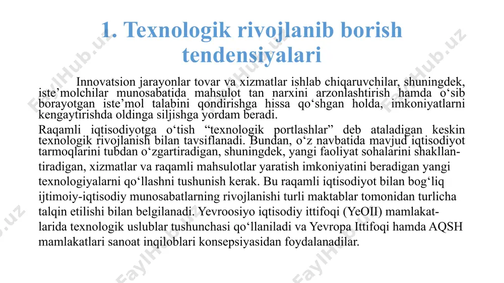 atyev va shumpeterning ta’limoti e’tiborsiz qoldi. s.yu. glazьyev va d.s. lvovning “ilmiy-texnik taraqqiyotni boshqarishning nazariy va amaliy jihatlari” maqolasida keltirgan ta’rifiga ko‘ra, texnologik tartib bu – bir turdagi texnologik zanjirlar bilan o‘zaro bog‘liq bo‘lgan va takroriy butunliklarni shakllantiradigan iqtisodiyotning texnologik tarkibida ajratilgan texnologik agregatlar guruhidir. glazyevning bashoratiga ko‘ra, bugun biz oltinchi sanoat tartibini emas, balki birinchi postindustrial texnologik tartibni ham o‘zlashtirish arafasida turibmiz, chunki nanotexnologiyalar: nanobionika, nanomateriallar, genetik injeneriya va boshqalar allaqachon asosiy sohalar hisoblanadi. yaponiya, aqsh, germaniya, shvetsiya, kanada, janubiy koreya, avstriya kabi mamlakatlar texnologik portlashning yetakchilari hisoblanadi. texnologik tuzilmalarni batafsil o‘rganish shuni ko‘rsatadiki, jamiyatning rivojlanishi texnologik tuzilmalarni bosqichma-bosqich o‘zgartirishning izchil yo‘lidan boradi, chunki yuqorida aytib o‘tilgan texnologik tuzilmalarning har biri turli bosqichlardan o‘tgan va umumiy iqtisodiy o‘sishga sezilarli ta’sir ko‘rsatgan to'rt sanoat inqilobi 1770-1860 birinchi sanoat inqilobi bug 'va yigirish fabrikalari davri bug' mashinasi, yigiruv va to'qish mashinalari, metallurgiya, torna 1860-1900 ikkinchi sanoat inqilobi telegraf, temir yo'llar, dvigatellar …