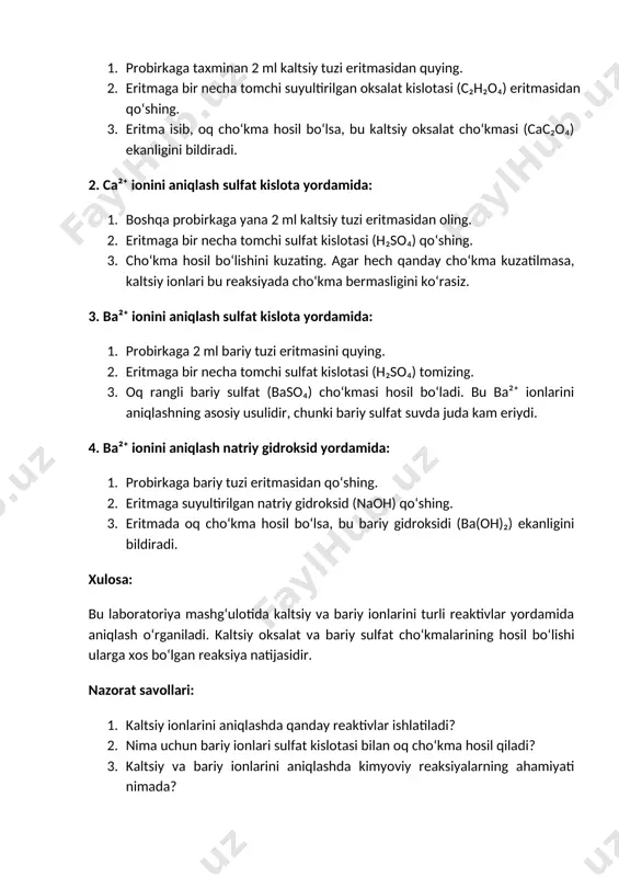 di (plazmoliz). 4. natijalarni baholash: 1. har bir nacl eritmasidagi eritrotsitlarning o‘zgarishini baholang va natijalarni yozib boring. 2. qaysi eritma izotonik ekanini (0,9%) va gipotonik yoki gipertonik eritmalardagi eritrotsitlar reaktsiyasini aniqlang. xulosa: natijada siz eritrotsitlarning turli kontsentratsiyadagi nacl eritmalariga qanday munosabatda bo‘lishini ko‘rasiz va qaysi eritma izotonikligini, ya'ni qon plazmasiga mos keladigan osmotik bosimga ega ekanligini aniqlaysiz. eritrotsitlar izotonik eritmada o‘z normal shaklini saqlab qoladi, gipotonik eritmada shishib yoriladi, gipertonik eritmada esa kichrayib burishadi. nazorat savollari: 1. izotonik eritmaning biologik ahamiyati nima? 2. gipotonik va gipertonik eritmalarning eritrotsitlarga qanday ta’siri bor? 3. qanday qilib nacl eritmasining izotonikligini hisoblab chiqish mumkin? laboratoriya mashg‘uloti №3: bufer eritmalarini tayyorlash va bufer ta'sir mexanizmini o‘rganish maqsad: bufer eritmalarini tayyorlash, ularning tuzilishi va ph stabilligi haqida tushunchaga ega bo‘lish, bufer eritmalarining ta’sir mexanizmini o‘rganish. nazariy qism: bufer eritmalari — bu kislota yoki asos qo‘shilganda ph qiymatini nisbatan o‘zgarmas saqlab turuvchi eritmalardir. bunday eritmalar o‘z ichida …