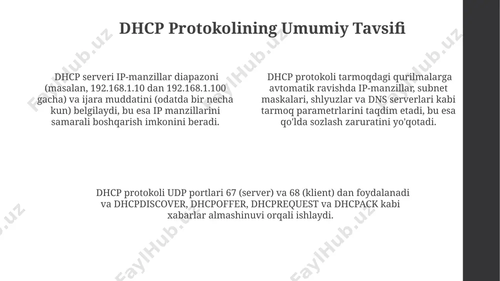 i, ip manzillarini avtomatik ravishda taqsimlash orqali 254 ta qurilmaga qadar qo'lda sozlash zaruratini yo'qotishini ta'minlaydi. dhcp protokoli murakkab konfiguratsiyani talab qilishi mumkin, bu esa tarmoq mutaxassislariga qo'shimcha bilimlar va ko'nikmalarni talab qiladi, natijada 5 dan ortiq ip oralig'ini boshqarishda muammolar paydo bo'lishi mumkin. dhcp snooping va arp inspection dhcp snooping mijozlar tomonidan dhcp serveriga yuborilgan dhcp xabarlarini tekshiradi va ruxsatsiz dhcp serverlarning tarmoqqa kirishiga yo'l qo'ymaydi, bu esa tarmoq xavfsizligini 2-3 barobar oshiradi. arp inspection esa mac va ip manzillarining mosligini tekshiradi va ip manzillarini "spoofing" qilishga urinishni aniqlaydi, shu bilan tarmoqdagi 100 dan ortiq qurilmaning xavfsizligini ta'minlaydi. dhcp snooping va arp inspection birgalikda ishlatilganda, tarmoqdagi xavfsizlik darajasi sezilarli darajada oshadi, masalan, tarmoqdagi noqonuniy dhcp serverlarning ta'sirini kamaytirib, hujumlarning 90% ini oldini oladi. dhcp server va clientlari dhcp server mijozlarga 192.168.1.100 dan 192.168.1.200 gacha bo'lgan ip manzillar oralig'idan avtomatik ravishda ip-manzil, subnet maskasi va shlyuz kabi tarmoq parametrlarini taqdim …