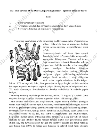 ilk temir davrida o’rta osiyo xalqlarining ijtimoiy – iqtisodiy madaniy hayoti — DOCX
