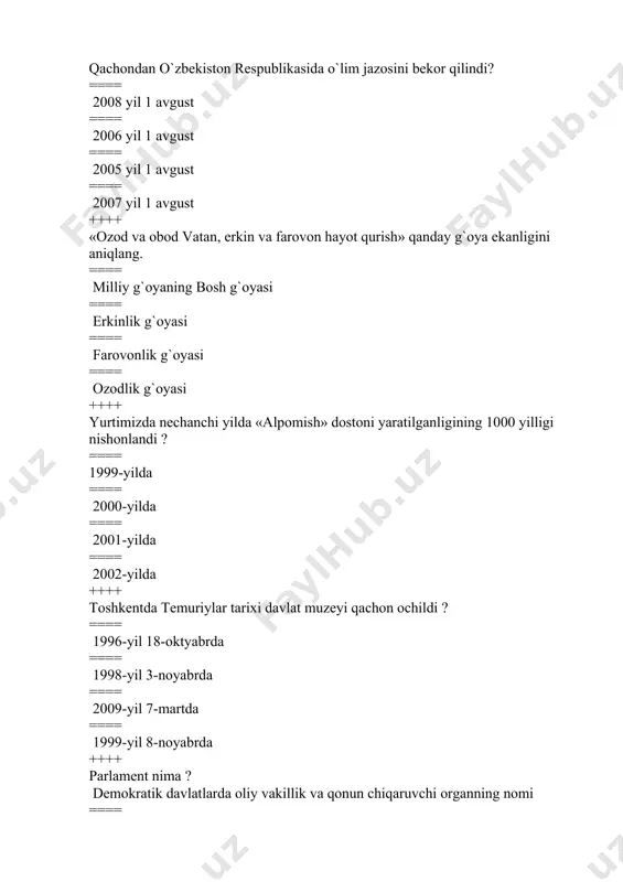 ikasi oliy kengashining xii chaqiriq vii sessiyasida ==== 1992 yil 15 dekabrda o`zbekiston respublikasi oliy kengashining viii sessiyasida ++++ o`zbekiston prezidenti qanday hokimiyatning boshlig`i hisoblanadi? ==== davlat boshlig`i ==== ijroiya hokimiyat boshligi ==== vakolatli hokimiyat boshligi ==== davlat va ijroiya hokimiyat boshlig`i ++++ o`zbekiston prezidenti saylovi to`g`risida»gi qonunga ko`ra prezidentlikka nomzod qilib ro`yxatga olinuvchilarga qo`yiladigan talablar qaysi javobda to`g`ri berilgan? ==== 35 yoshdan kichik bo`lmagan, davlat tilini yaxshi biladigan, keyingi 10 yil ichida o`zbekistonda muqim yashagan bo`lishi lozim ==== 30 yoshdan kichik bo`lmagan, davlat tilini yaxshi biladigan keyingi 5 yilda o`zbekistonda muqim yashagan bo`lishi lozim ==== 40 yoshdan kichik bo`lmagan, 65 yoshdan oshmagan, davlat tilini yaxshi bilgan kishi bo`lishi lozim ==== prezidentlikka nomzodga hech qanday chegara belgilanmagan ++++ o`zbekiston respublikasining davlat ramzlari qaysi qatorda ko`rsatib otilgan? ==== bayroq, gerb, madhiya ==== konstitutsiya, bayroq, gerb, madhiya, pul birligi ==== konstitutsiya, bayroq, gerb, madhiya ==== konstitutsiya, bayroq, gerb, madhiya, pul birligi, qurolli …