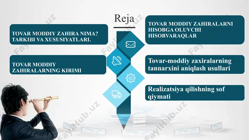ma’nan eskirganligi natijasida tugatish (yo‘q qilish); j) kamomad, yo‘qotish yoki shikastlanish (sinish, bo‘linish) aniqlanishi; z) tovar qarzi ko‘rinishida taqdim etish yoki ilgari olingan tovar qarzini qaytarish; i) boshqa operatsiyalar va hodisalar natijasida hisobdan chiqariladi. 21 tovar-moddiy zaxiralarning chiqib ketishi 21 tovar-moddiy zaxiralarning chiqib ketishida ularning qiymatini aniqlashning qo‘llaniladigan usuli tashkilotning hisob siyosatida aks ettirilishi lozim. hisobotda……………………………. axborotlarni yoritib berish… image4.jpeg image5.png image6.png image7.jpeg image8.jpg image9.jpg image10.png image11.png image12.png image13.png image14.png image2.png image15.jpg image16.png image17.jpeg image18.jpeg image19.png image3.png image20.jpg image21.png image22.jpeg image23.jpg image1.jpeg /docprops/thumbnail.jpeg