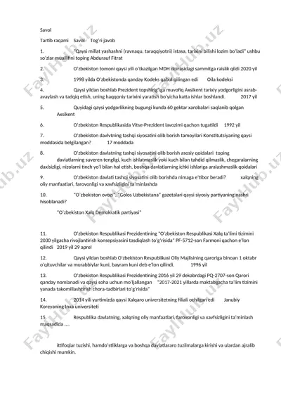 tarix faniga oid savol-javoblar to'plami — DOCX