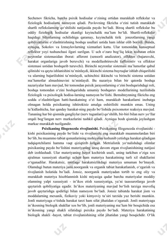lib hisoblangan materiyaning yuqori tashkiliy xususiyatidir. insonning ma’naviy shakllanishi uning qalb xislatlarining boshqa-rilish majmuidir psixika va uning namoyon bo’lish shakllaripsixikianing namoyon bo’lish shakllari va ularning o’zaro bog’liqligi psixika va uning namoyon bo’lish shakllari psixik jarayonlar psixologik holatlar shaxs xususiyatlari o‘simlik va hayvon shaklidagi barcha tirik organizmlar o‘z evolyutsiyasining hamma bosqichlarida aks ettirishning biologik shakli, ya’ni seskanuvchanlikka ega bo‘ladi. seskanuvchanlik tirik organizmning biologik ta’sirlarga javob berish qobiliyatidir. oddiy seskanuvchanlikni bir hujayrali hayvonlarda ham ko‘rish mumkin. ular muhitning ta’siri-ga harakatlanish bilan javob beradilar. biologik ta’sirlarga organizmning o‘ziga xos harakatlari bilan javob berish usuliga tropizm yoki taksis deyiladi. psixologiya fanining predmeti masalasida psixika va uning namoyon bo‘lish shakllaridan zamonaviy psixologiya umumiy psixologiyaga aloqador soha bo‘lib, ko‘plab olimlar o‘z ilmiy adabiyotlarida bu jihatni muhim deb qaraydilar. oddiy seskanuvchanlikni bir hujayrali hayvonlarda ham ko‘rish mumkin. ular muhitning ta’siriga harakatlanish bilan javob beradilar. biologik ta’sirlarga organizmning o‘ziga xos harakatlari bilan javob berish usuliga tropizm yoki taksis …